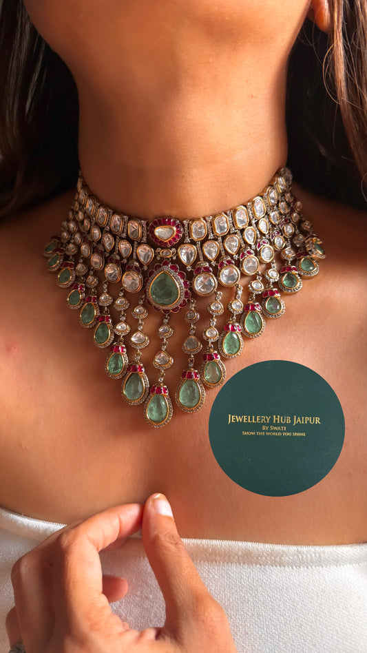 Mint doublet & rani pink moissanite uncut polki bridal choker set