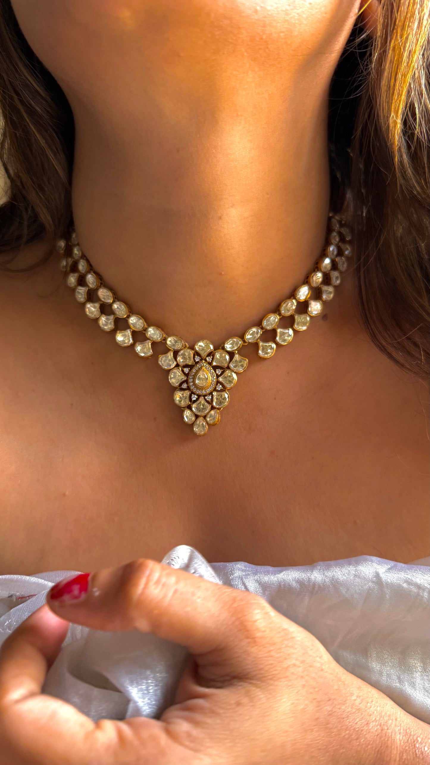 Real Moissanite peeli polki collar necklace