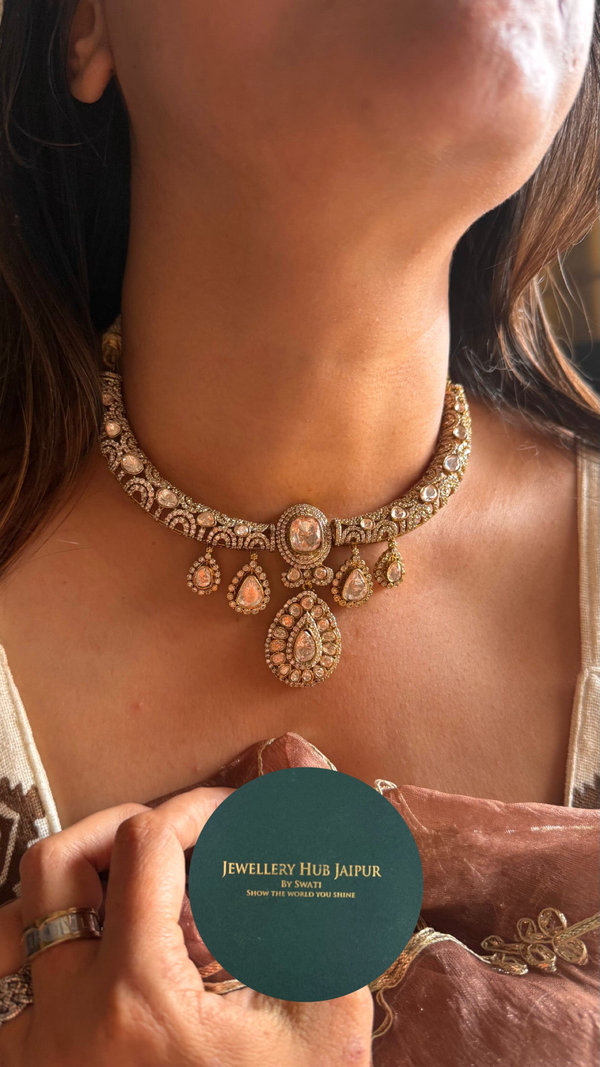 Real moissanite with peeli polki collar hasli necklace