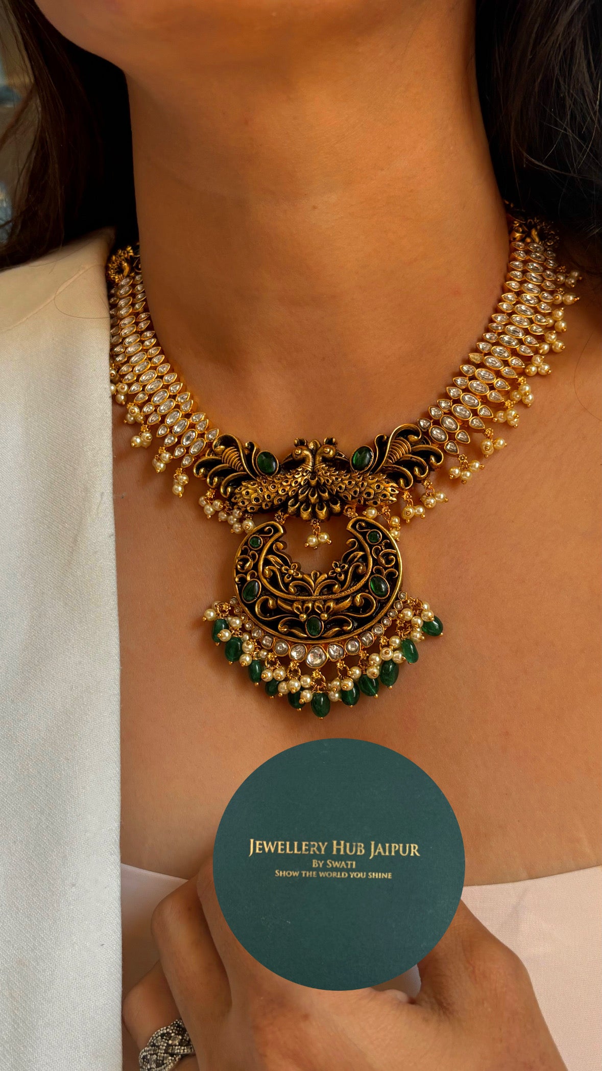 Emerald black meenakari Peacock polki collar necklace set