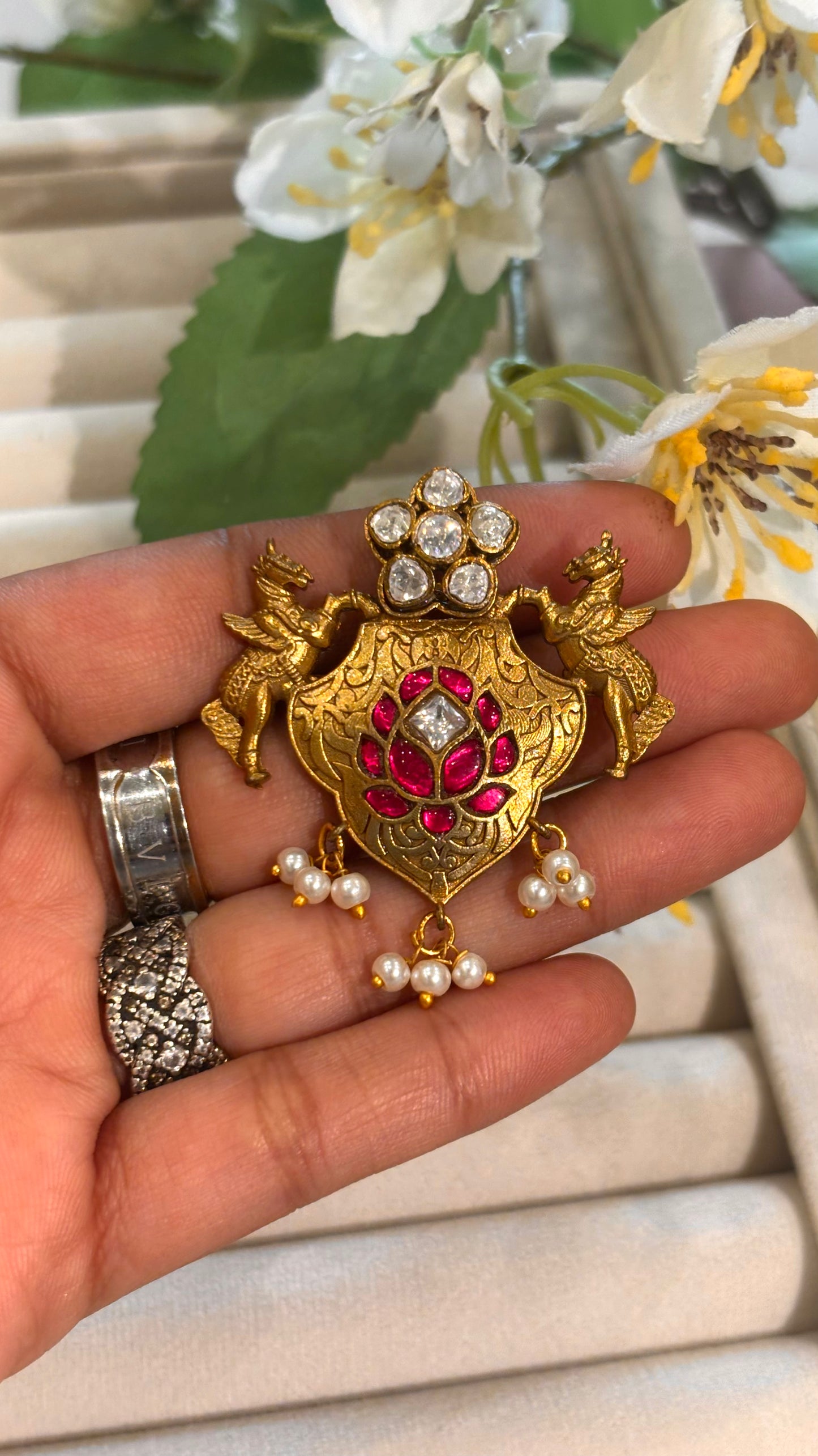 Rani pink lotus kundan gold brooch