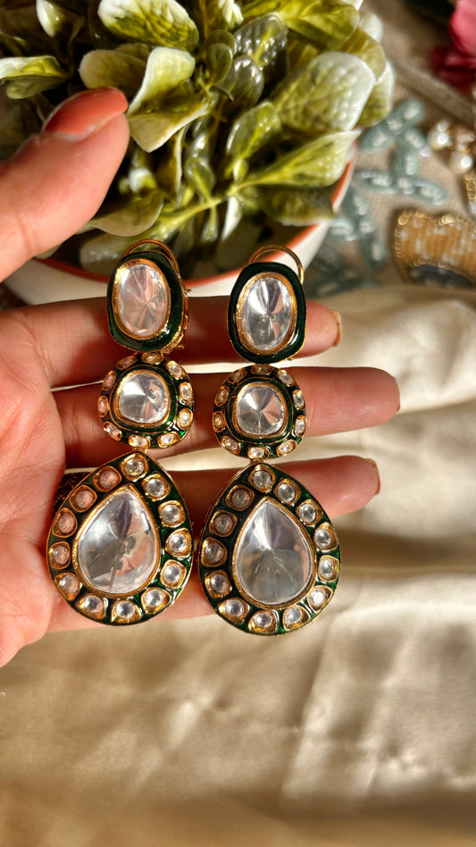 Emerald meenakari uncut polki danglers