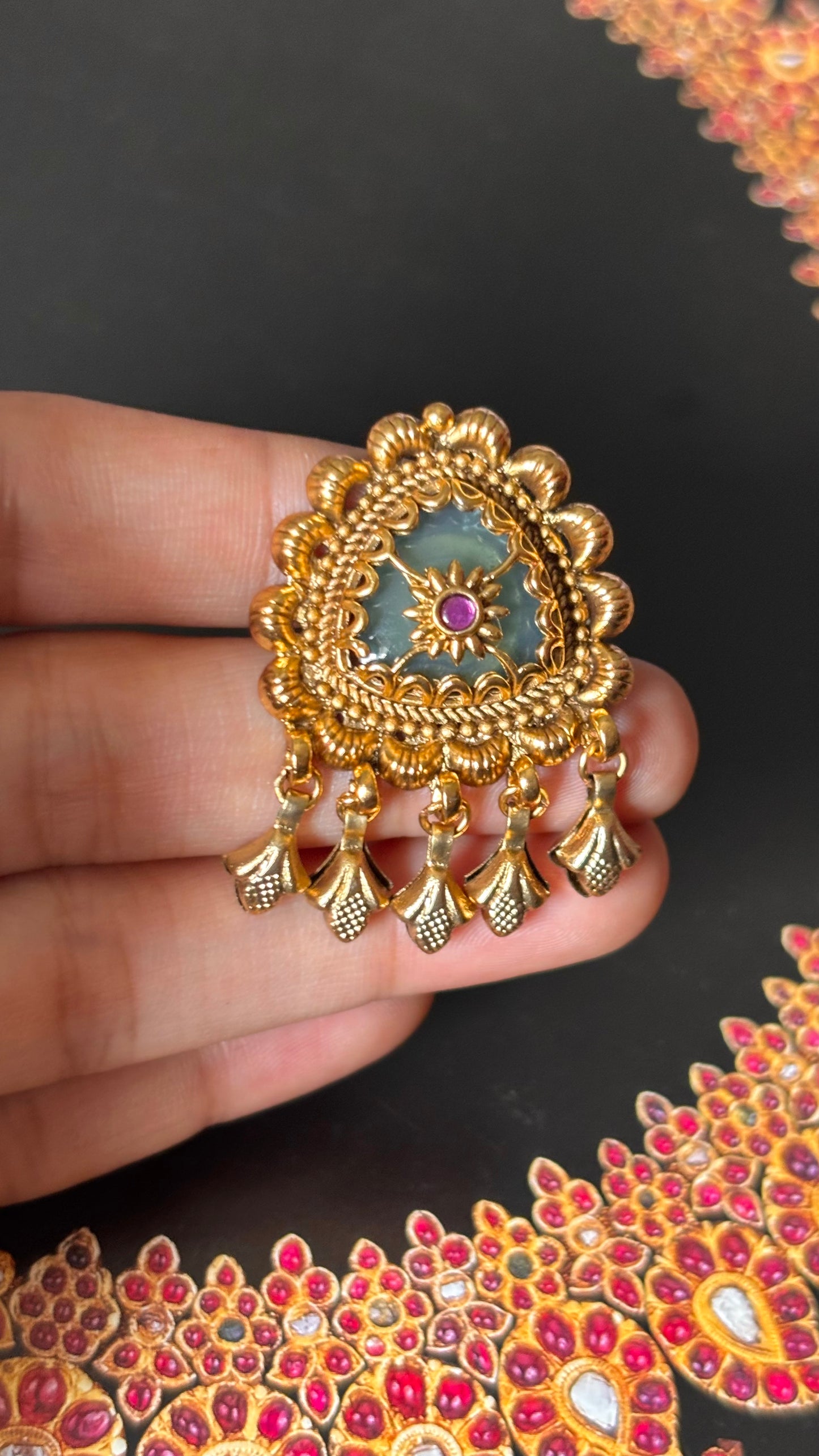 Rani pink floral nakashi golden adjustable ring