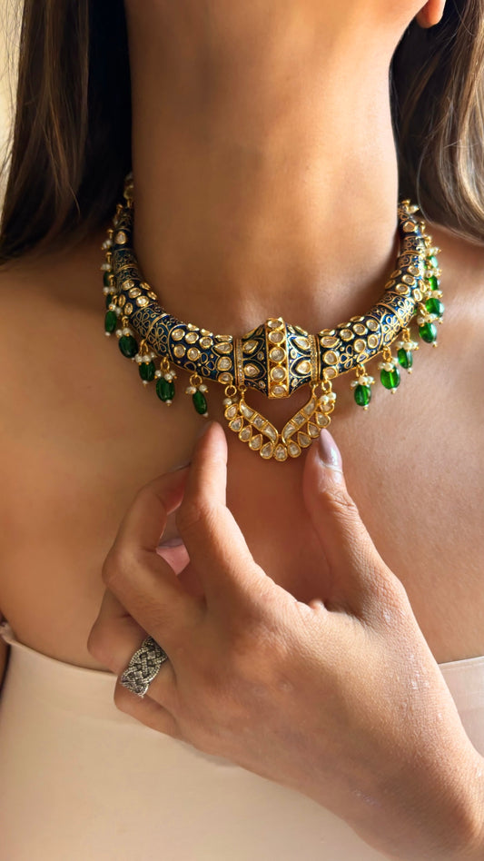 Rajwadi meenakari hasli in sapphire and emerald
