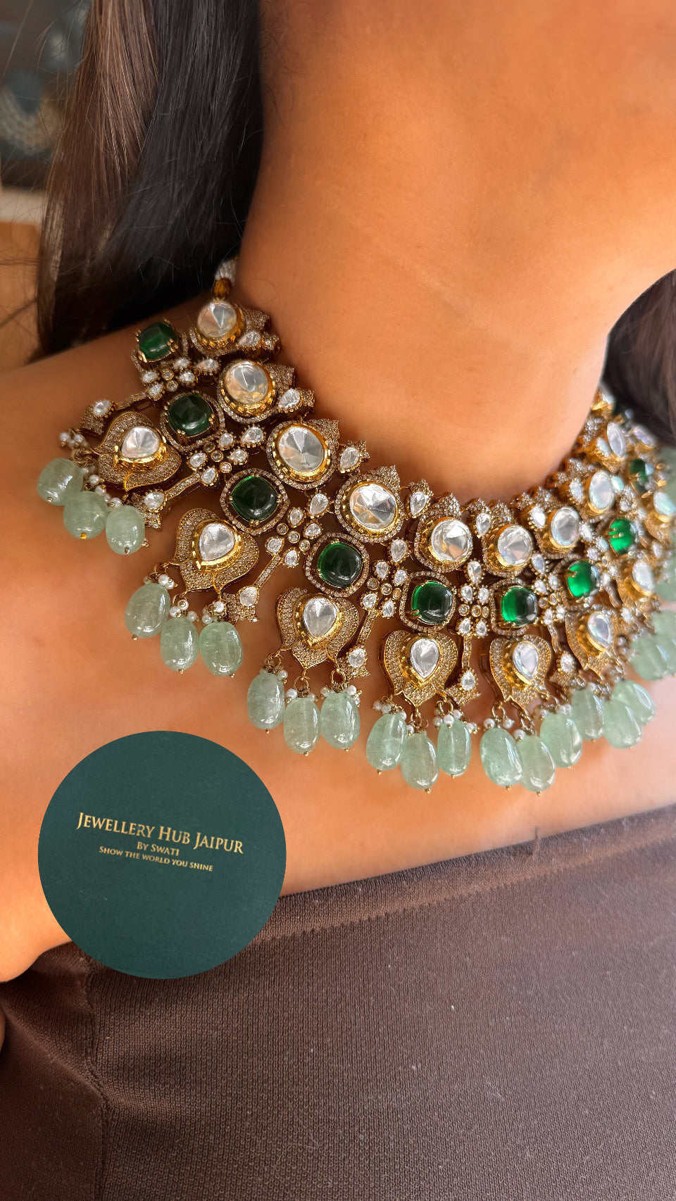 Emerald uncut polki Victorian necklace with strawberry drop