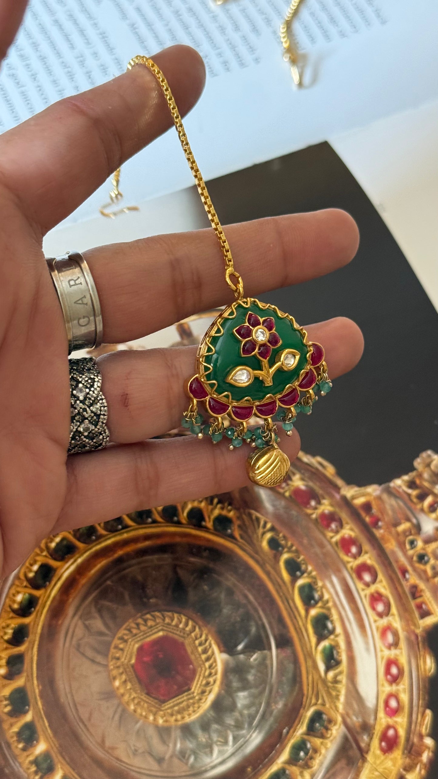 Ruby inlay work emerald maangtika