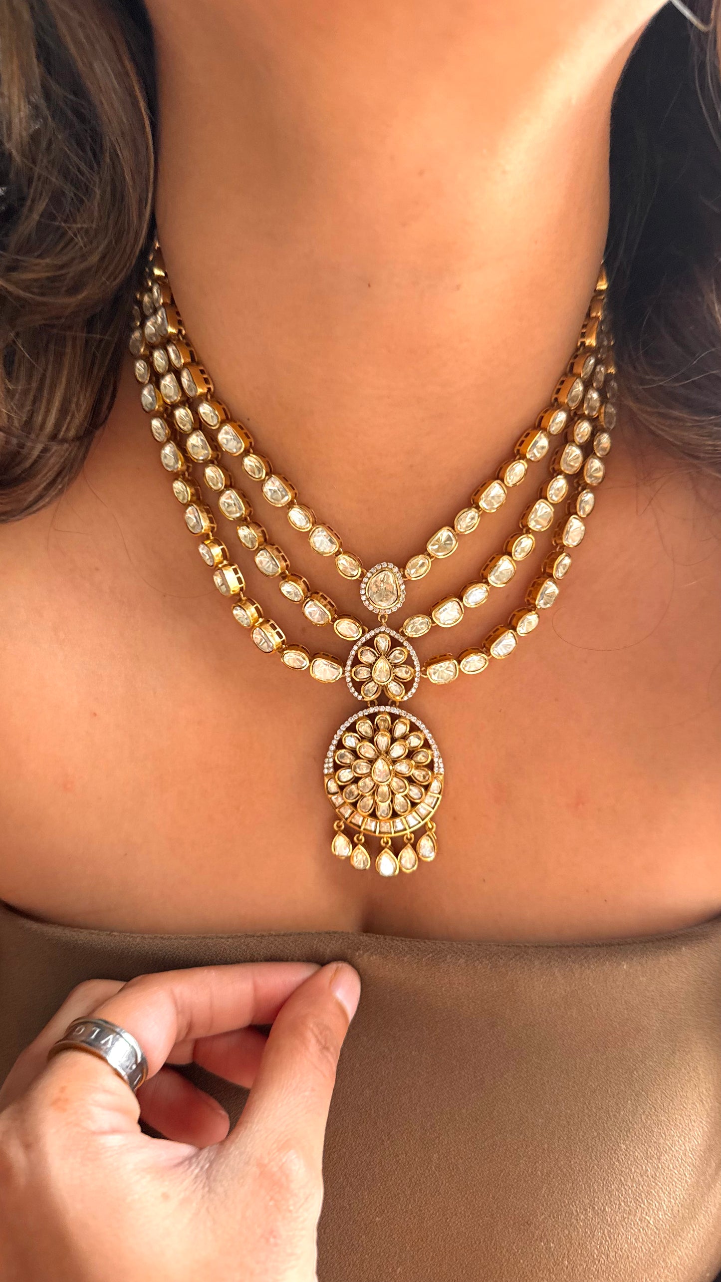 Peeli polki triple line designer necklace