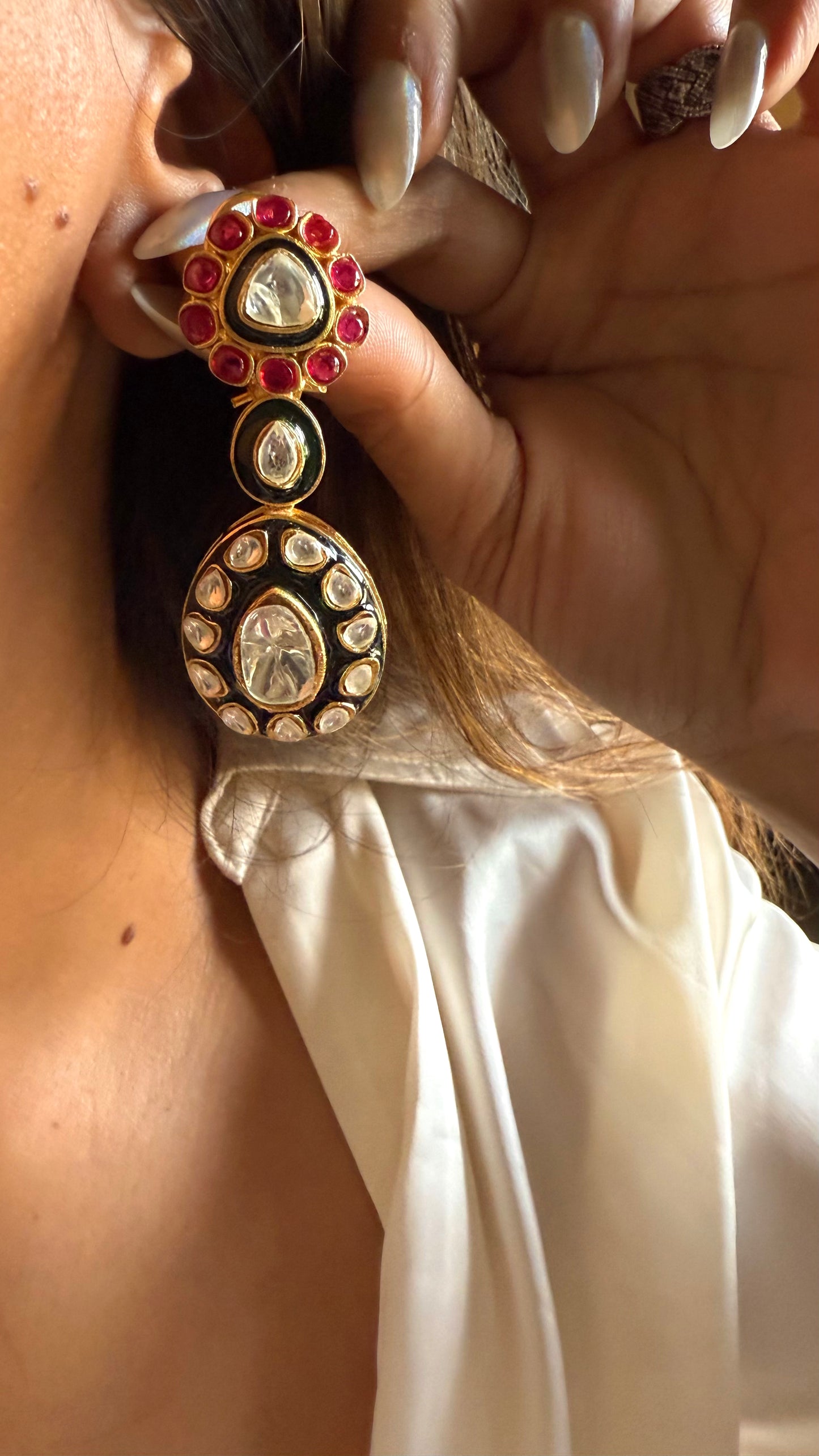 Emerald meenakari & ruby polki danglers