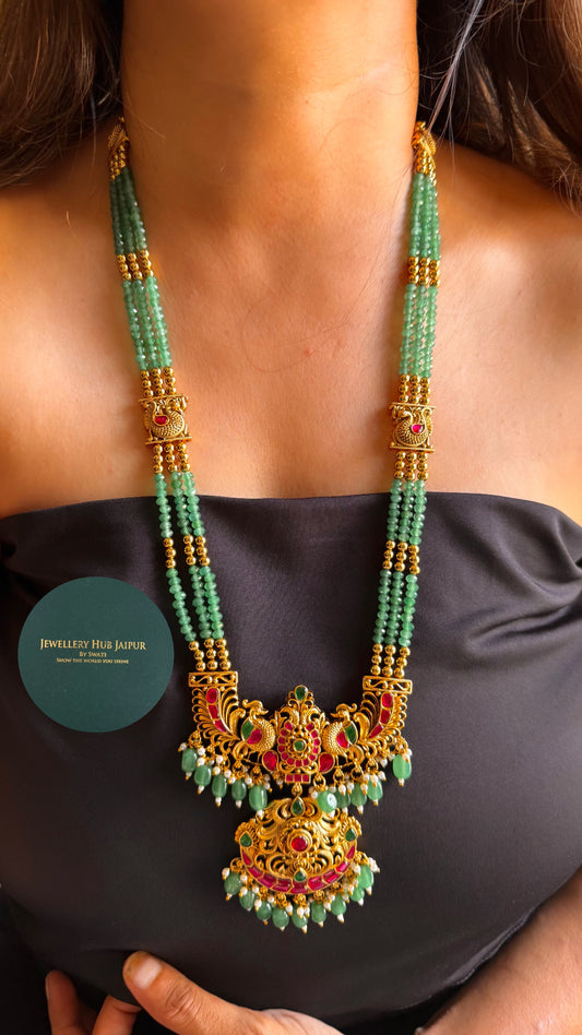 Rani pink & emerald with mint string long necklace set