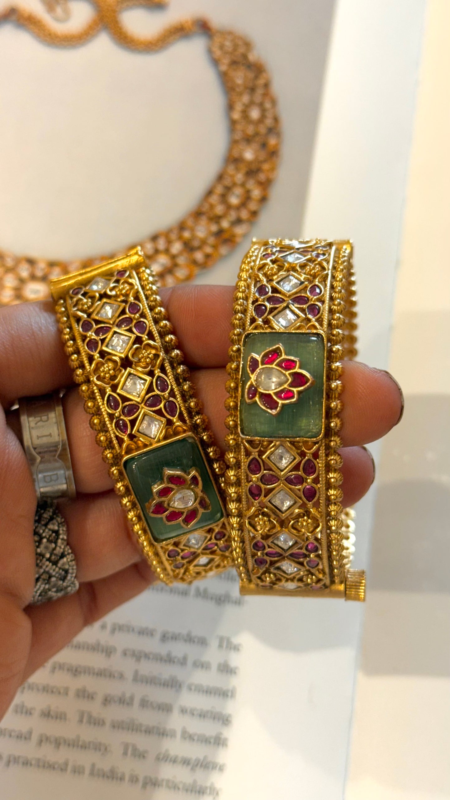 Mint inlay lotus designer gold Rajwada bangles