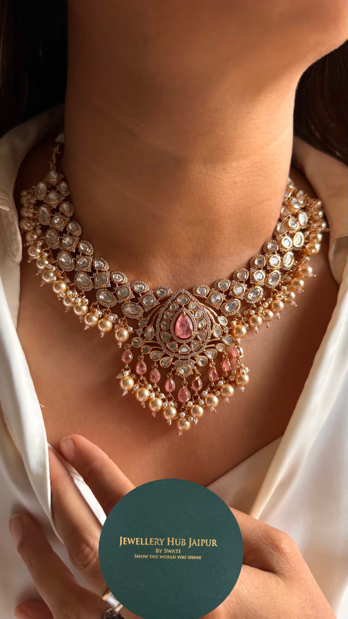 Rose quartz doublets & Moissanite polki Necklace with maangtika