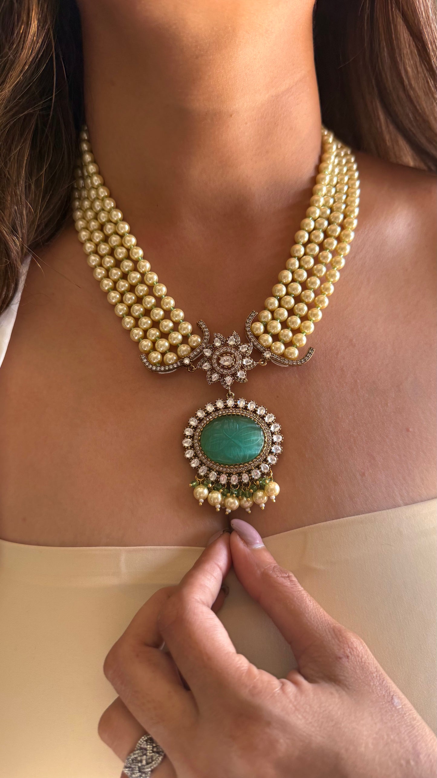 Firoza doublet pearl moissanite mid length necklace