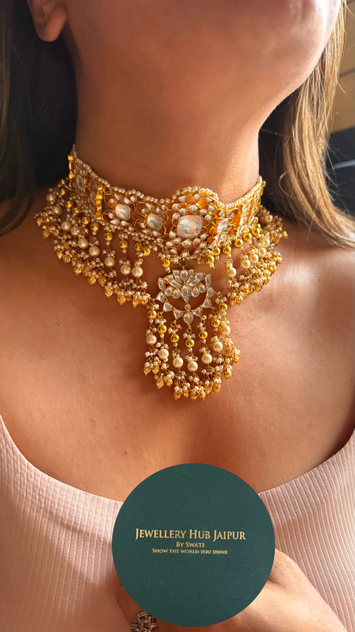 Lotus inspired handmade Paachi kundan choker necklace