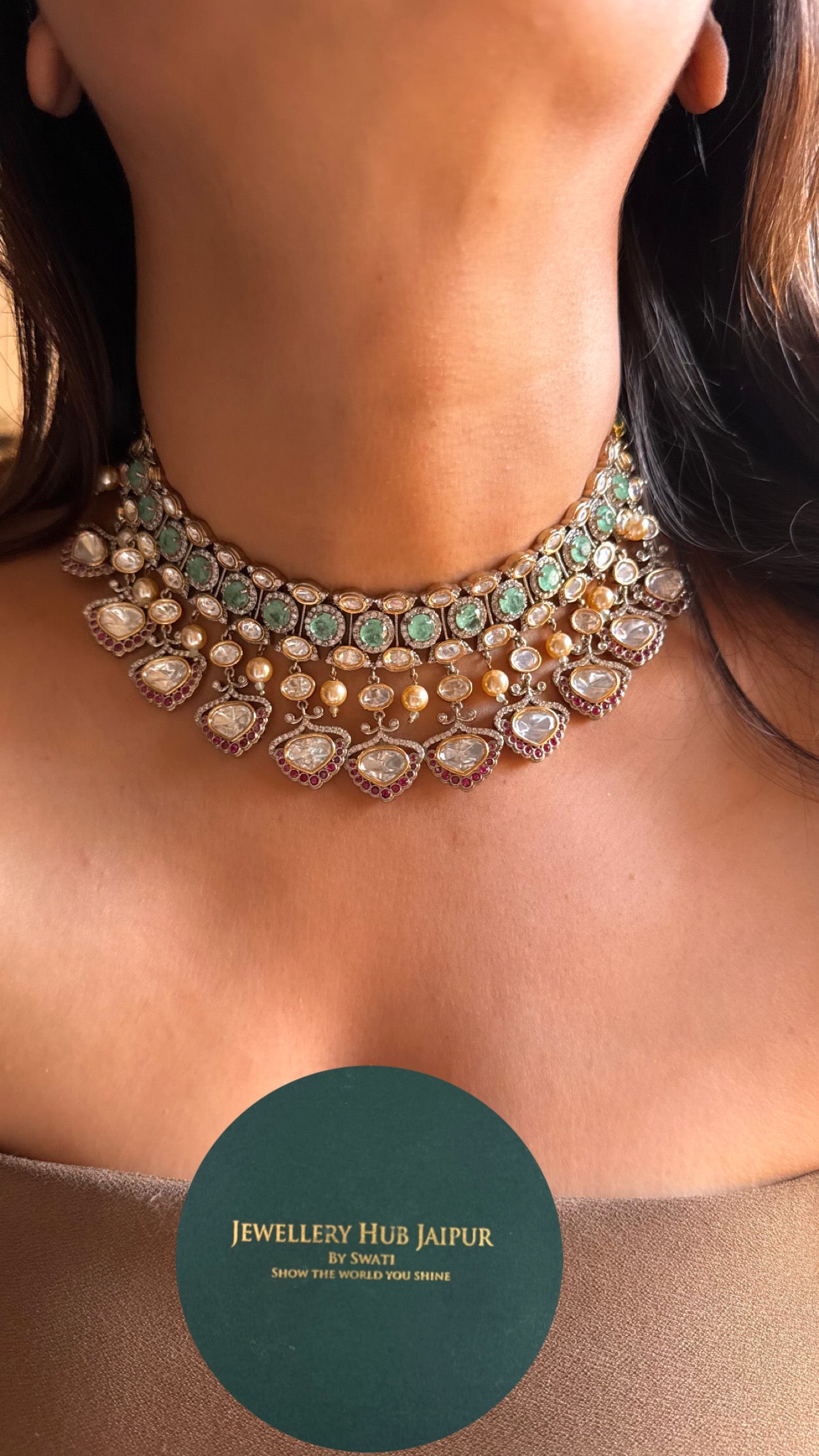Mint & Rani pink ruby with moissanite Necklace