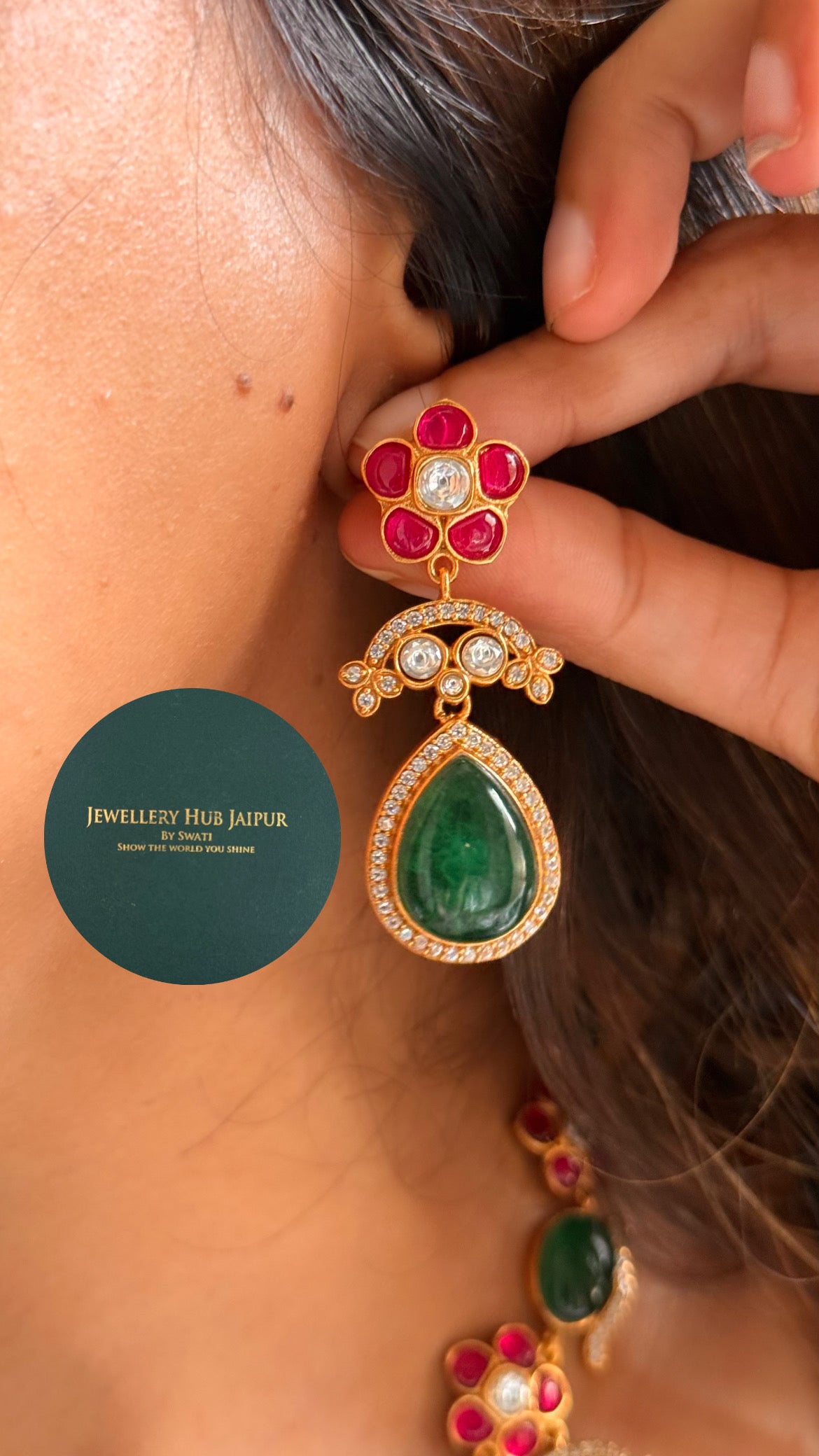 Amrapali inspired Natural stone Emerald doublet & rani pink floral moissanite collar set