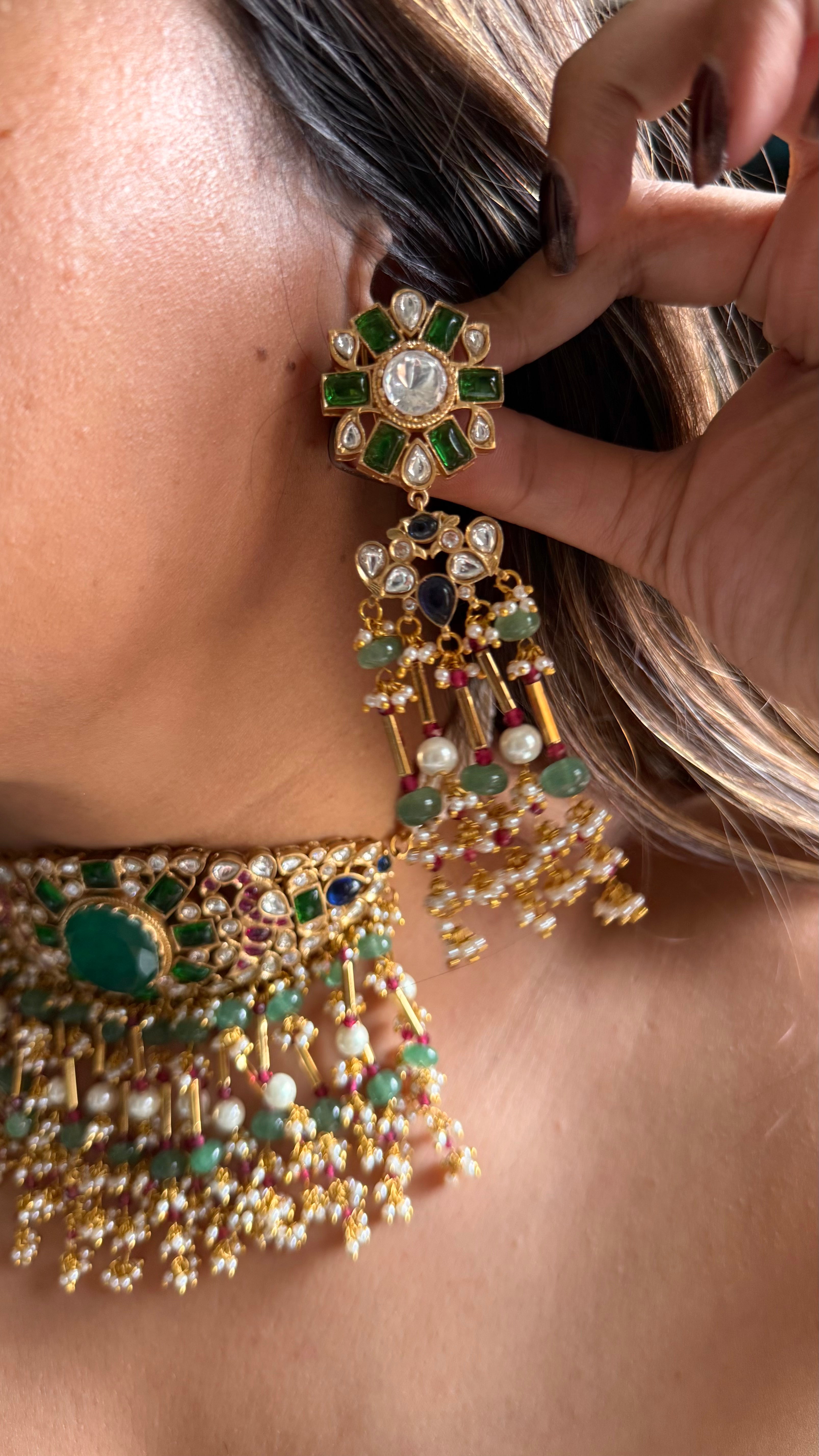Emerald doublet & rani pink, sapphire moissanite choker