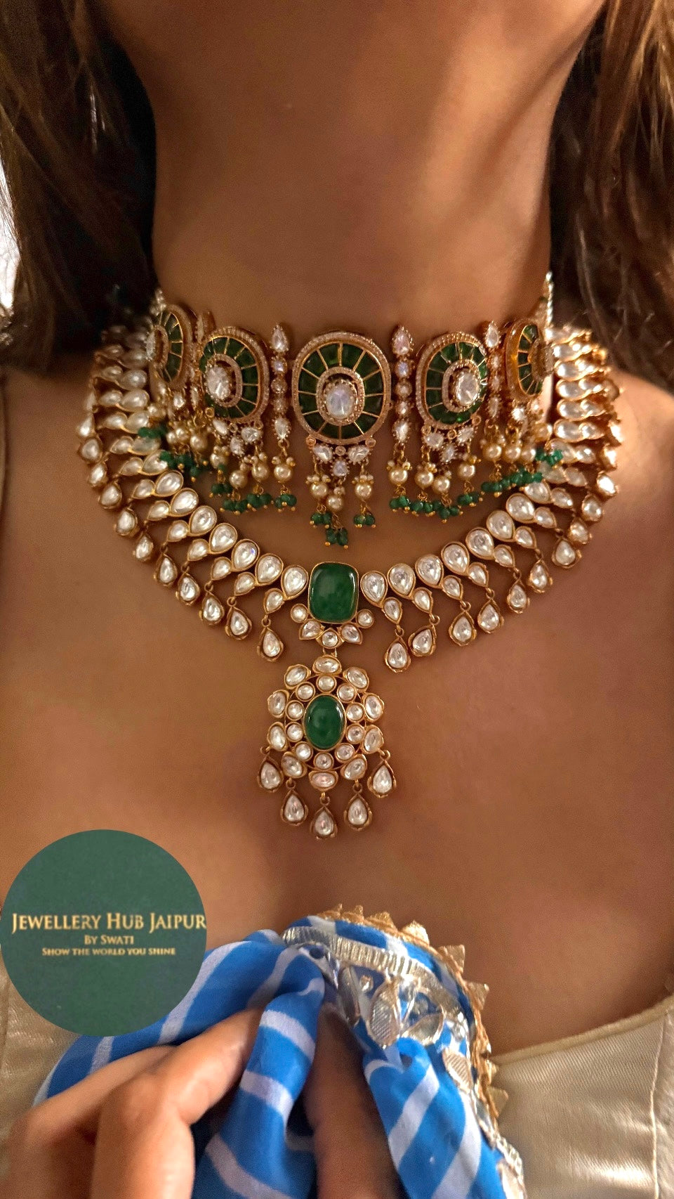 Emerald katdana moissanite polki bridal combo Necklace