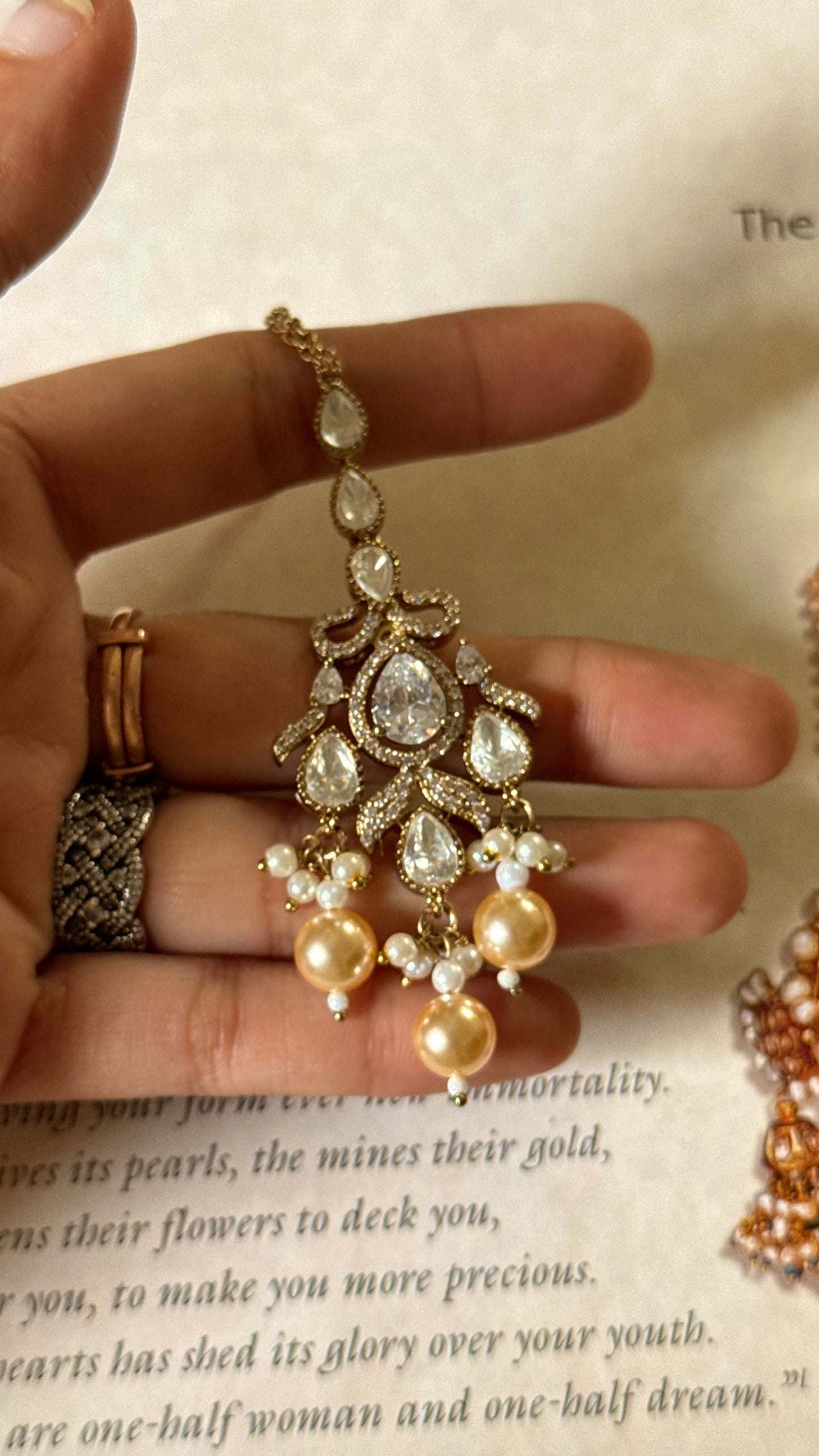 Moissanite polki with pearl drop maangtika
