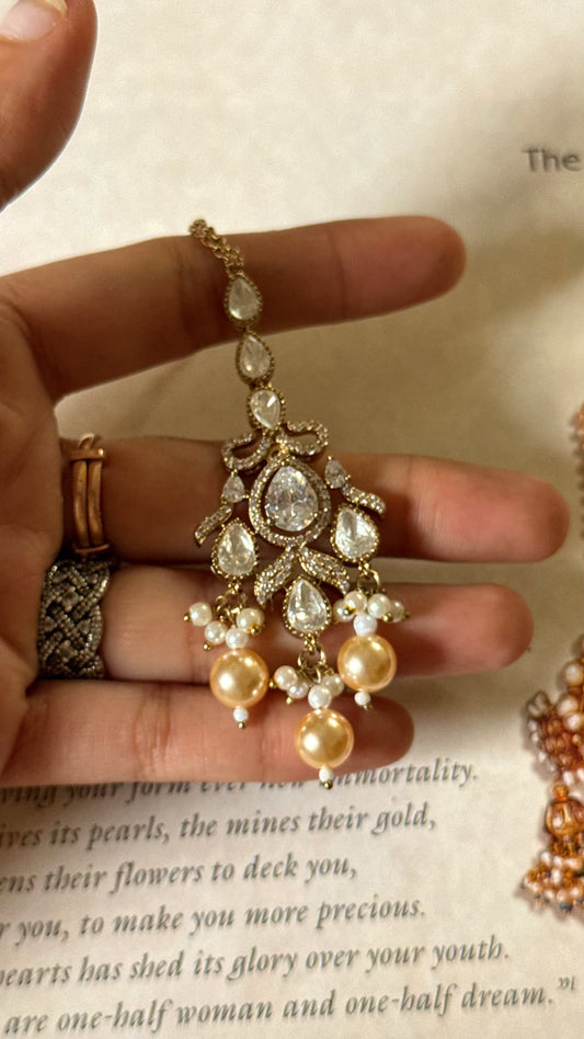 Moissanite polki with pearl drop maangtika