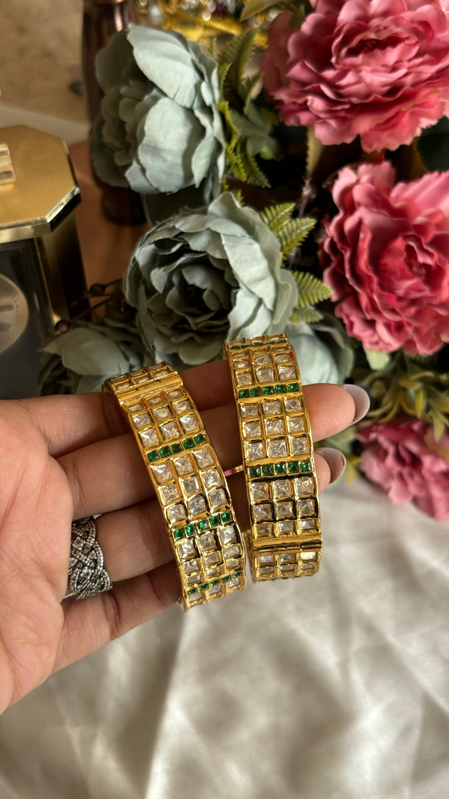 Emerald Moissanite triple line bangles at openable