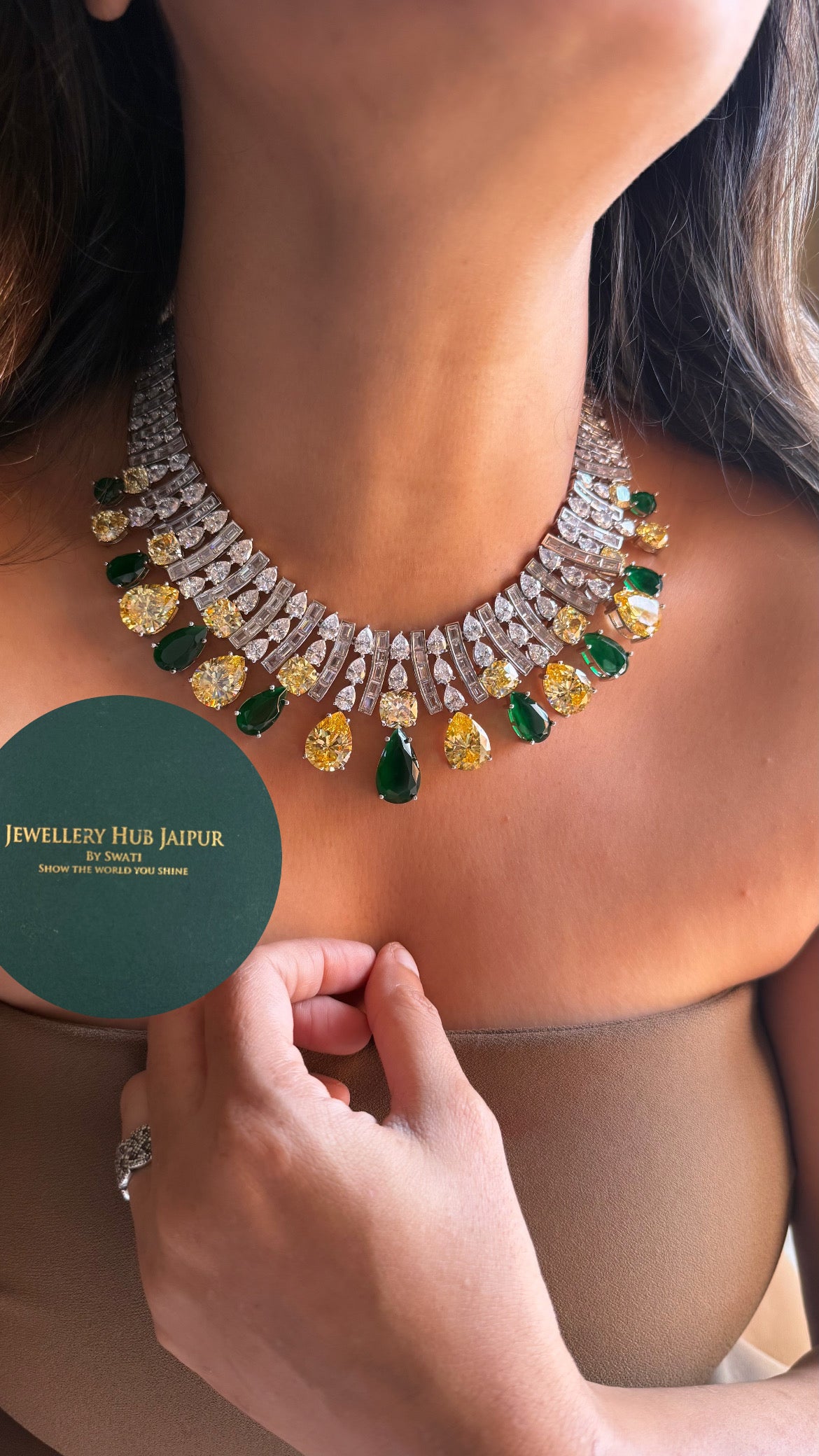Citrine & emerald drop shaped cz diamond cocktail collar set