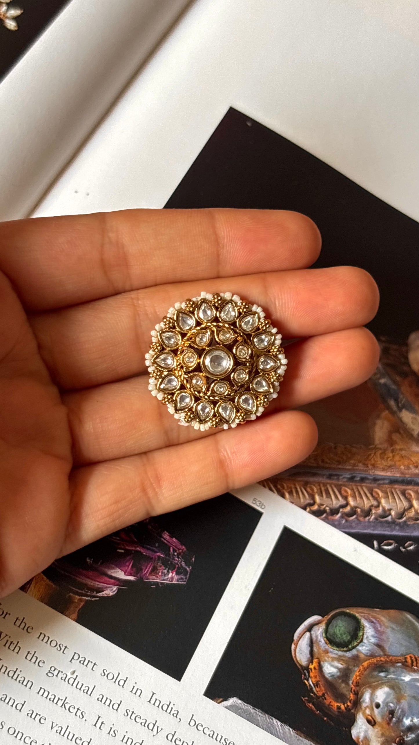 Floral white polki ring