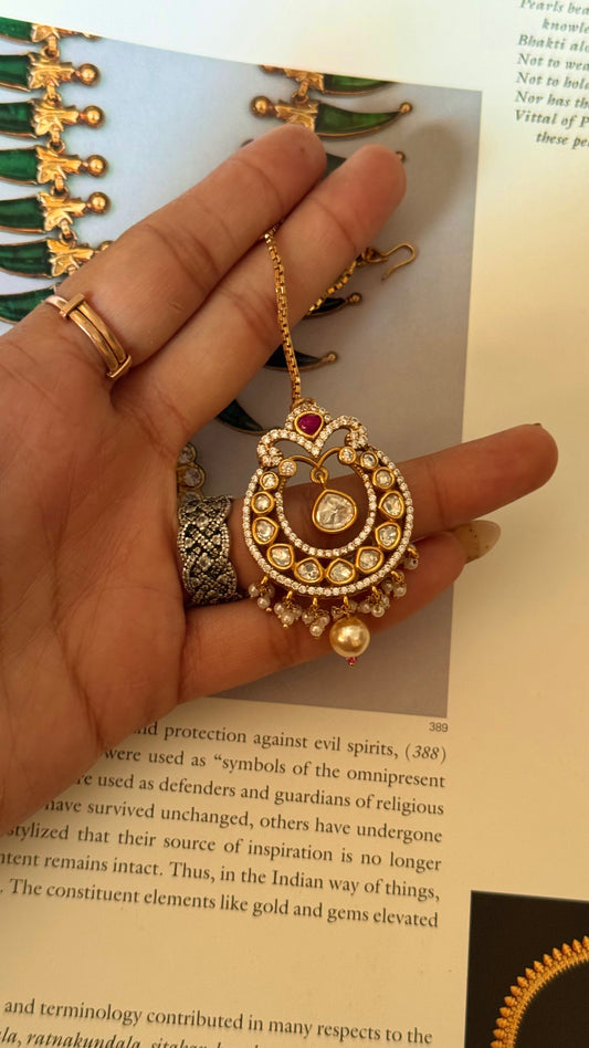 Moissanite polki mangtika with ruby & pearl detailing