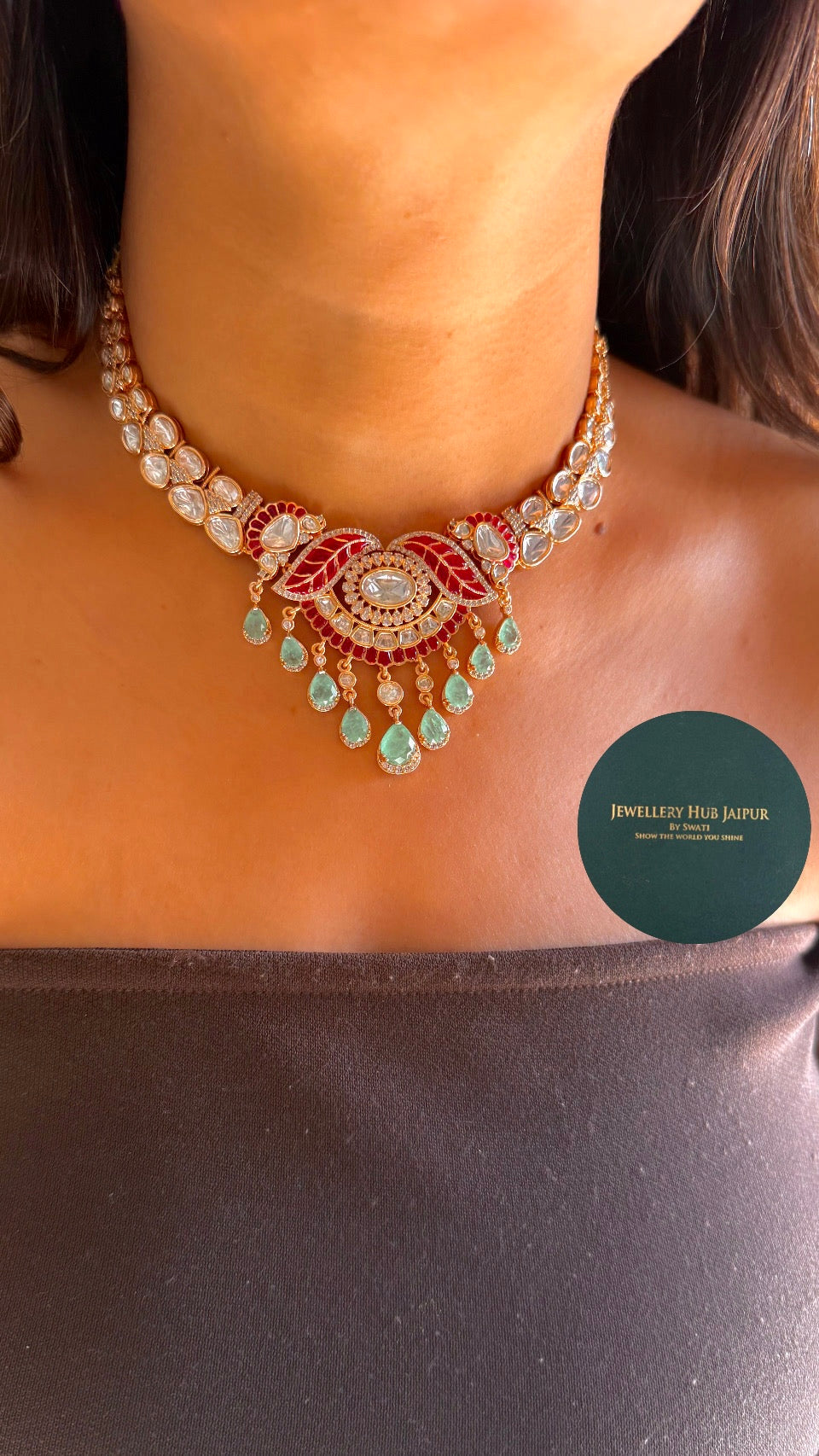 Mint & ruby leaf designer necklace