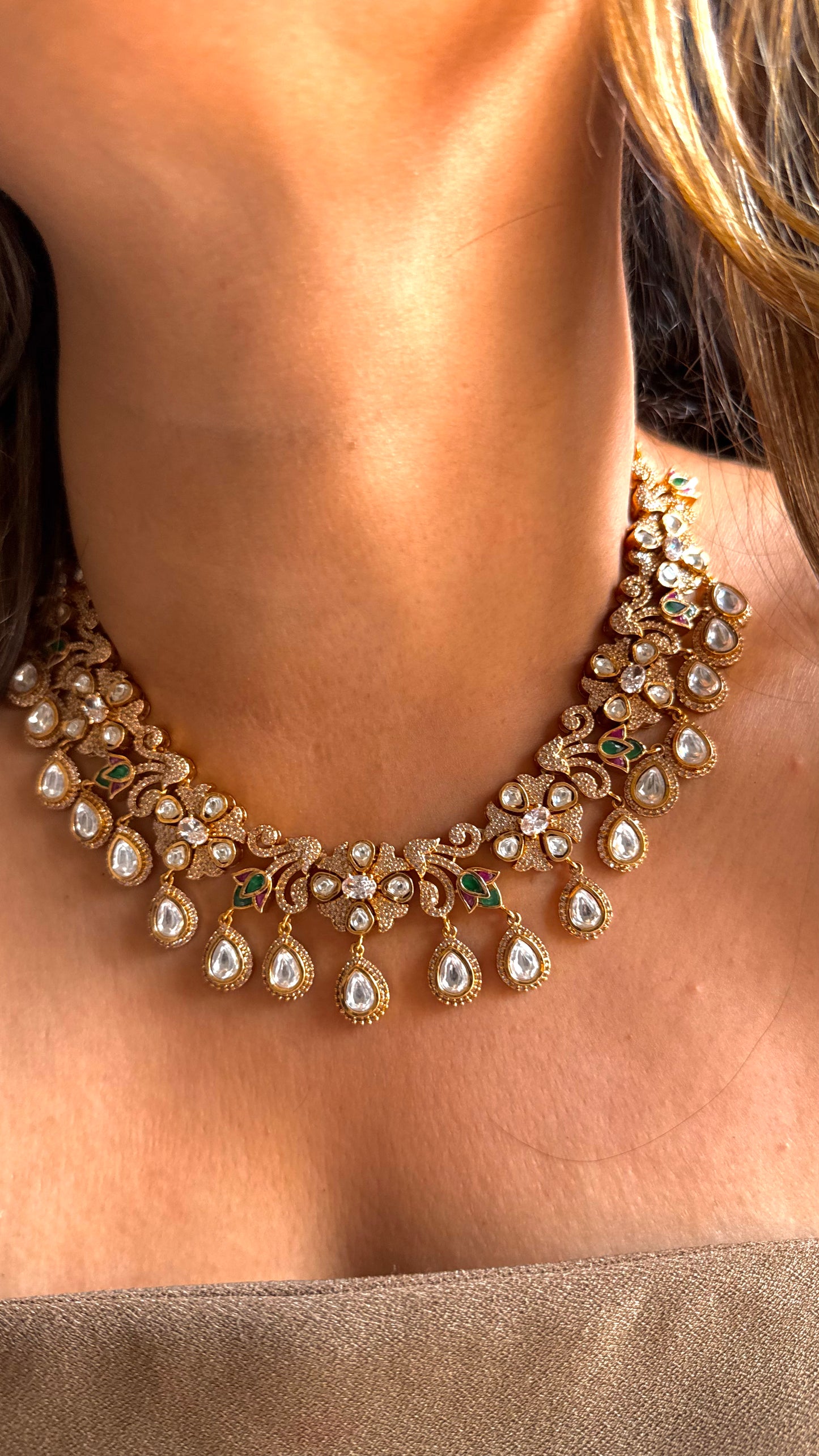 Emerald & Ruby polki drop collar necklace