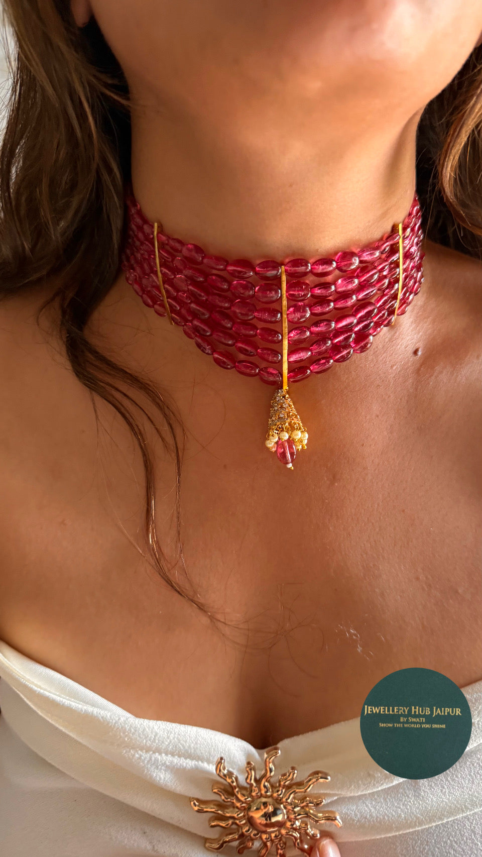 Designer jhumki pendant with rani pink ruby pearl detailing choker