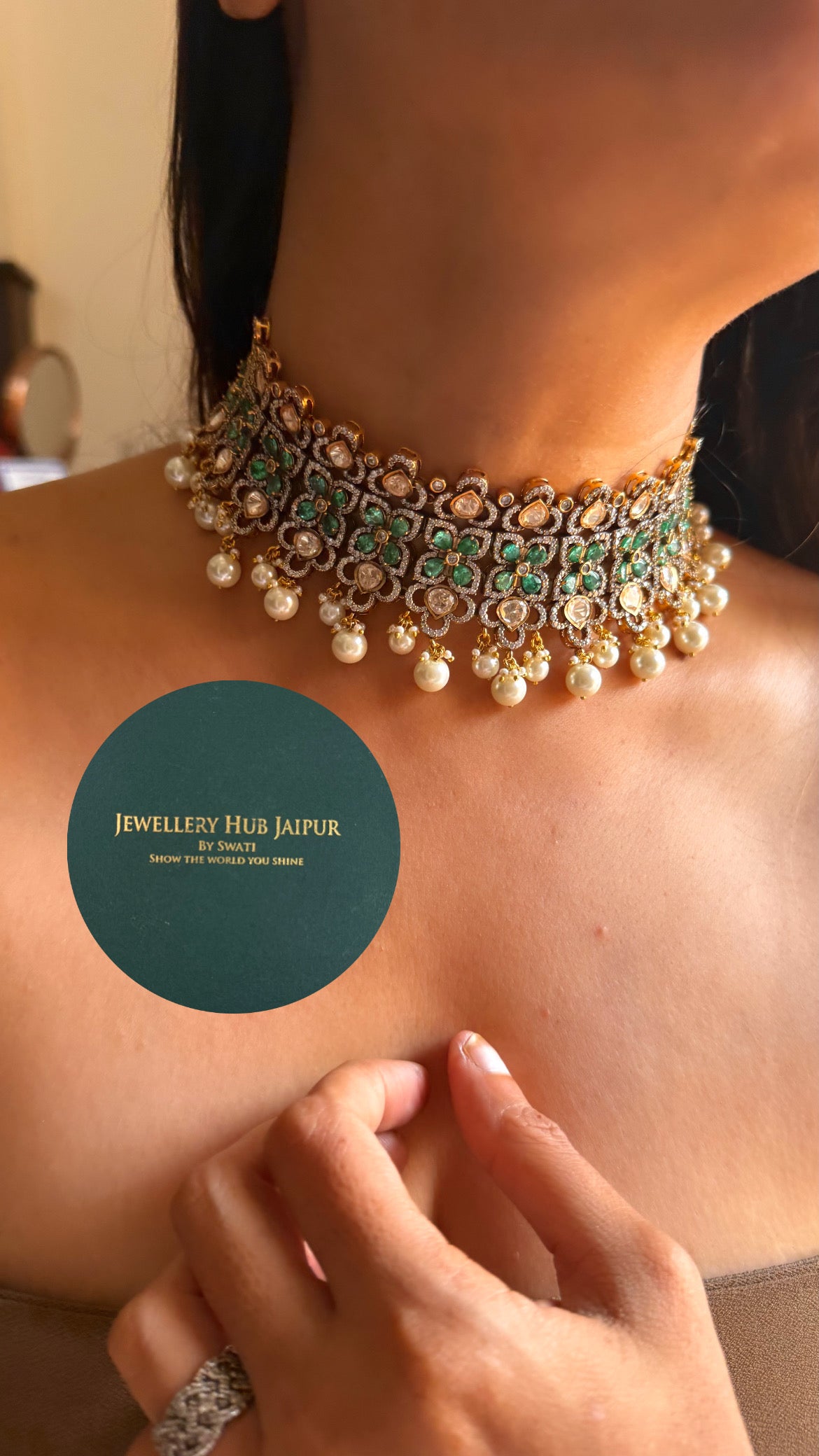Real uncut moissanite polki & mint Swarovski with pearl drop choker set