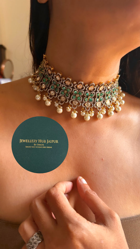 Real uncut moissanite polki & mint Swarovski with pearl drop choker set