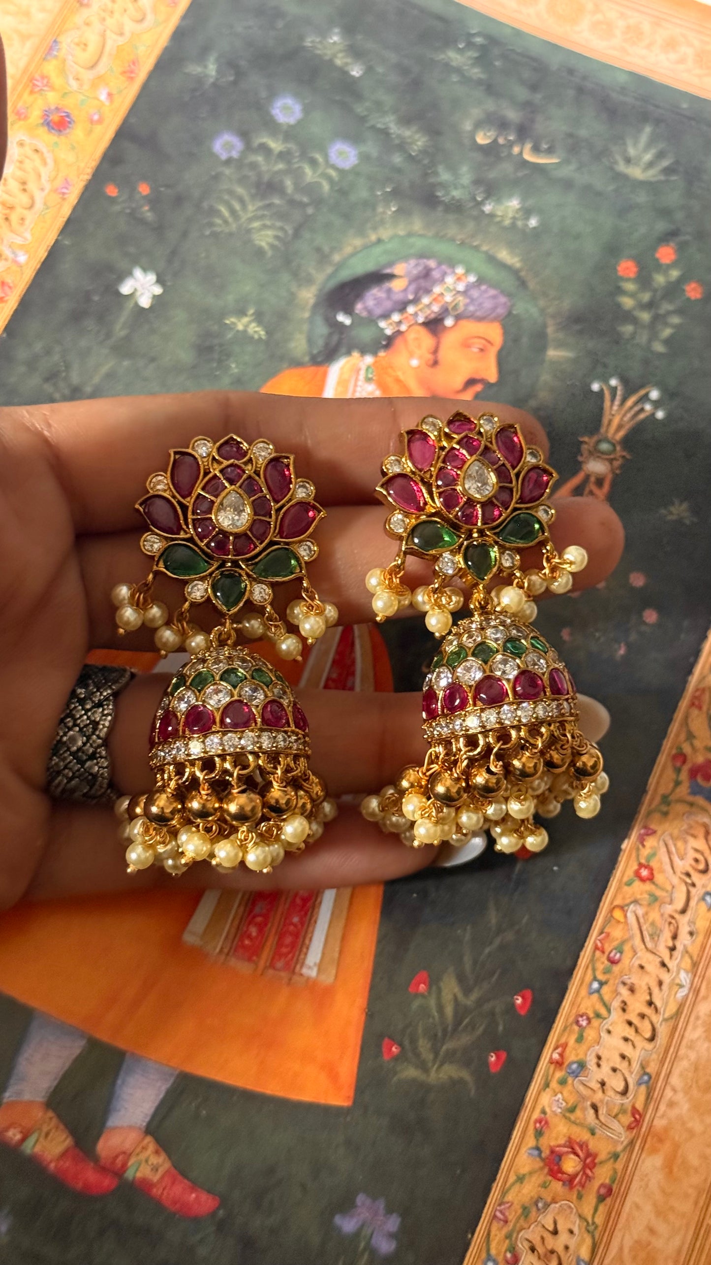 Rani pink lotus & emerald leaf design Jhumri