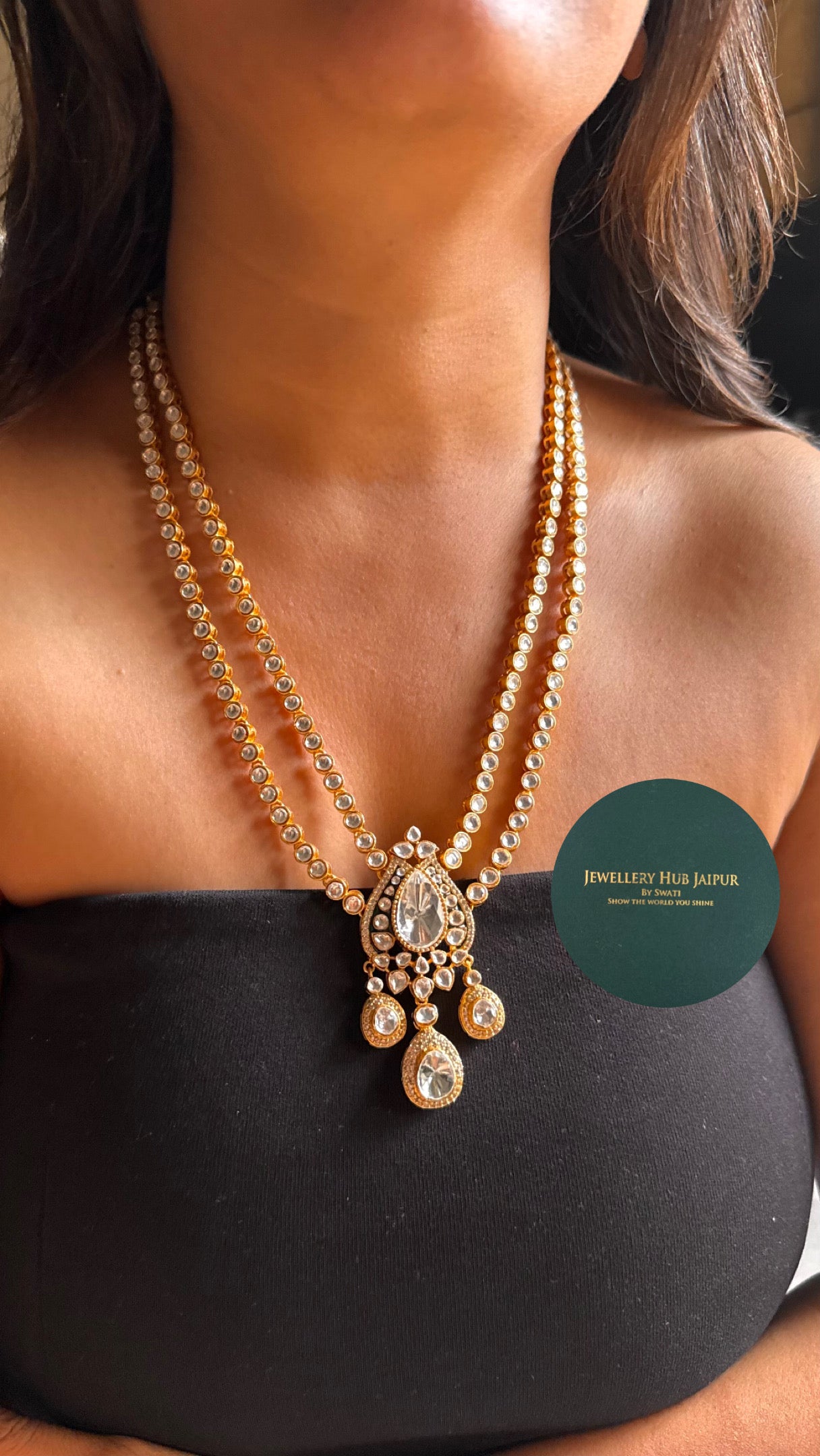 Dual line moissanite polki with pendant long Necklace