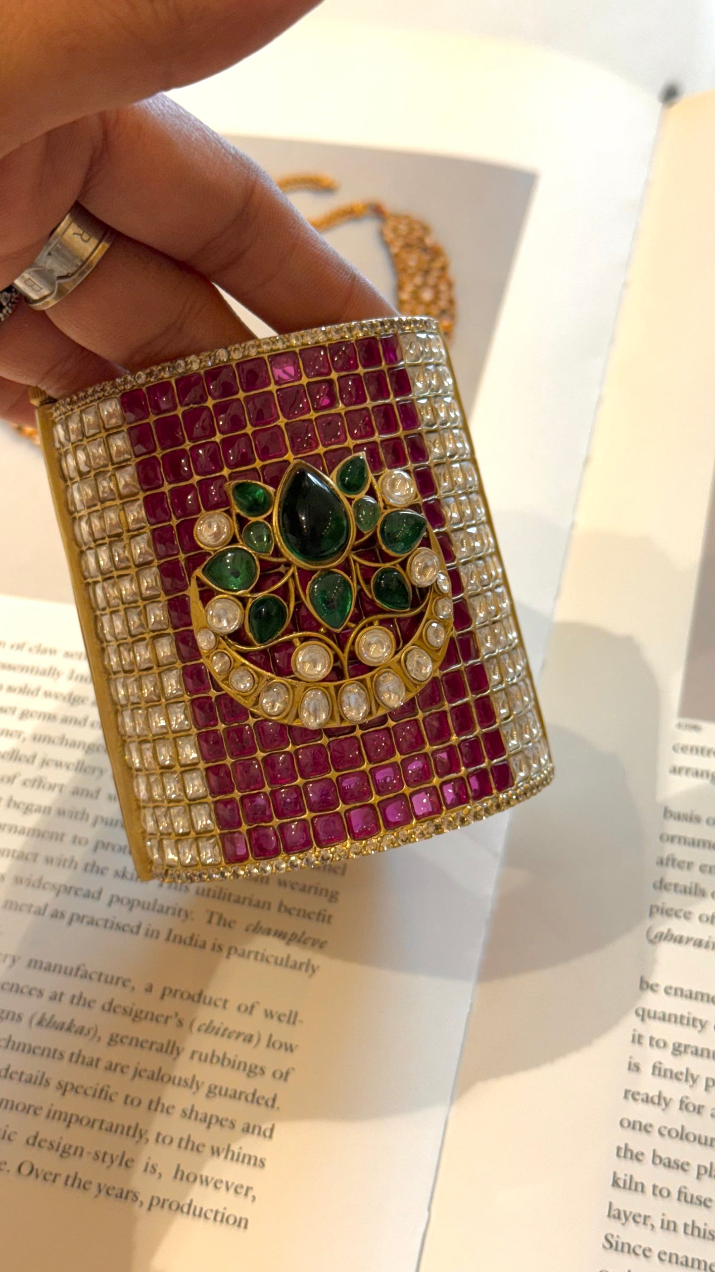 Emerald & rani pink lotus and chaand designer kada