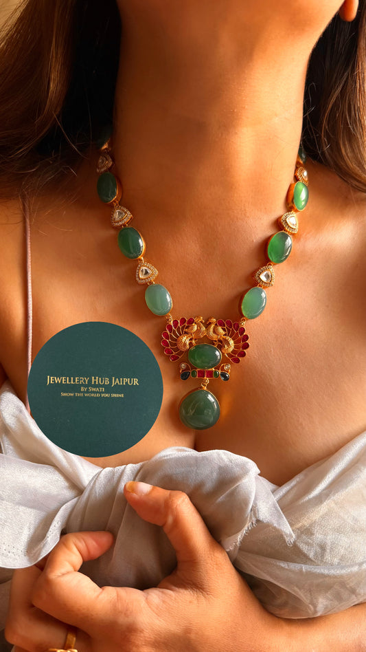 Amrapali inspired Natural stone Shades of emerald real stone with peacock design set