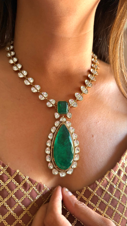 Kishori Emerald doublet dual layer Moissanite necklace