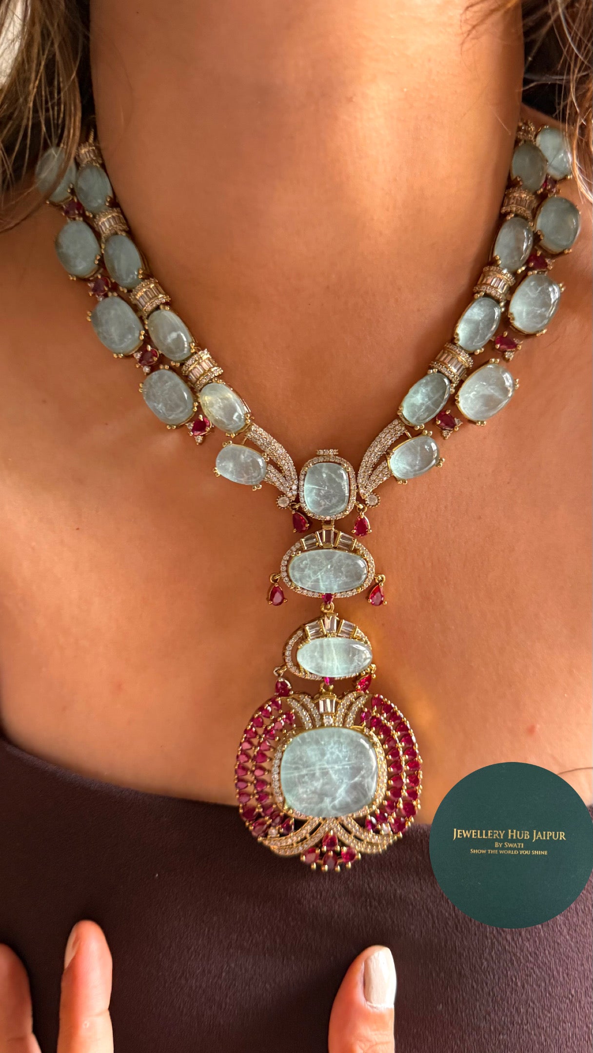Ruby & Aquamarine doublets stones collar Necklace