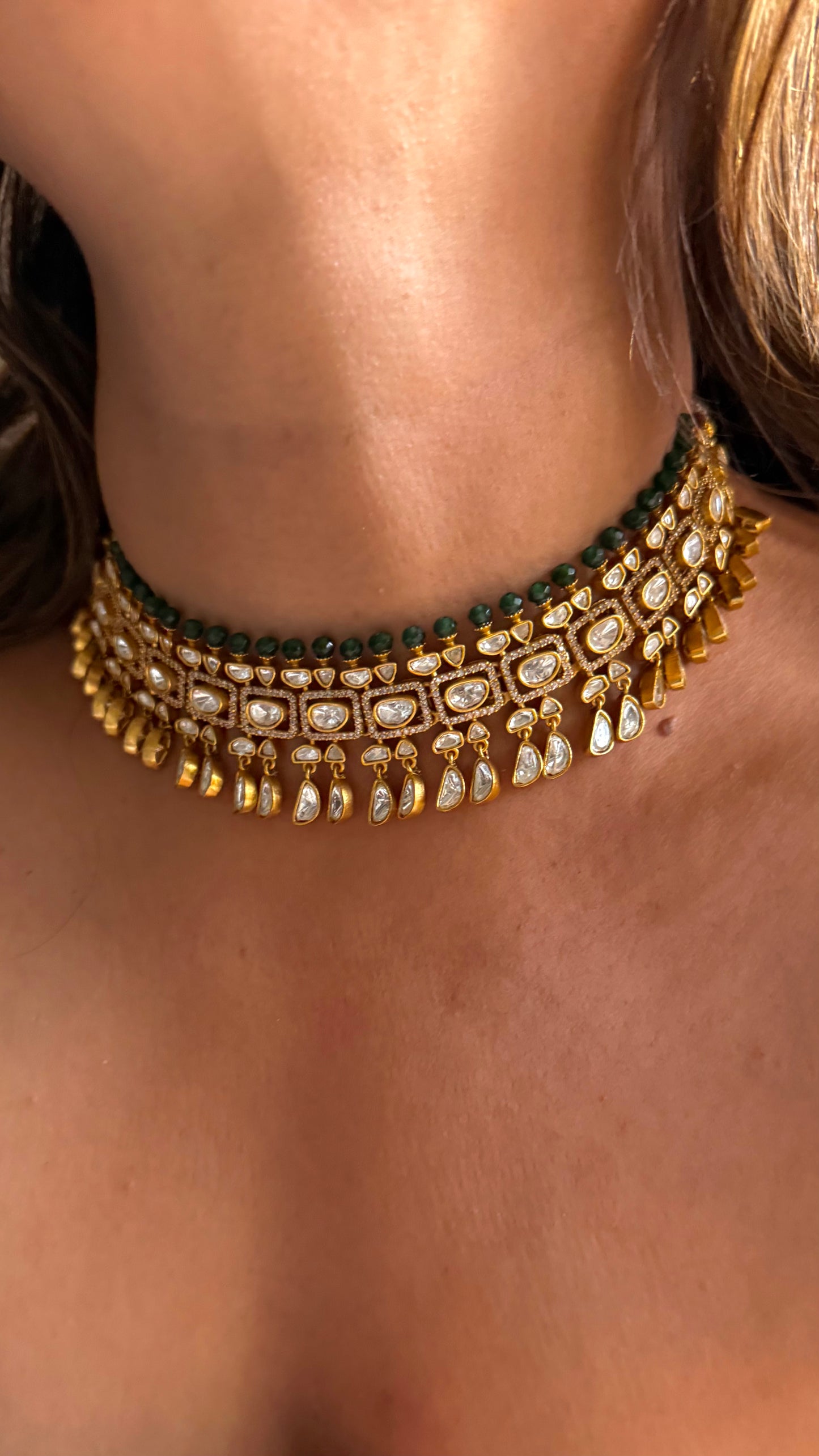 Emerald polki choker necklace