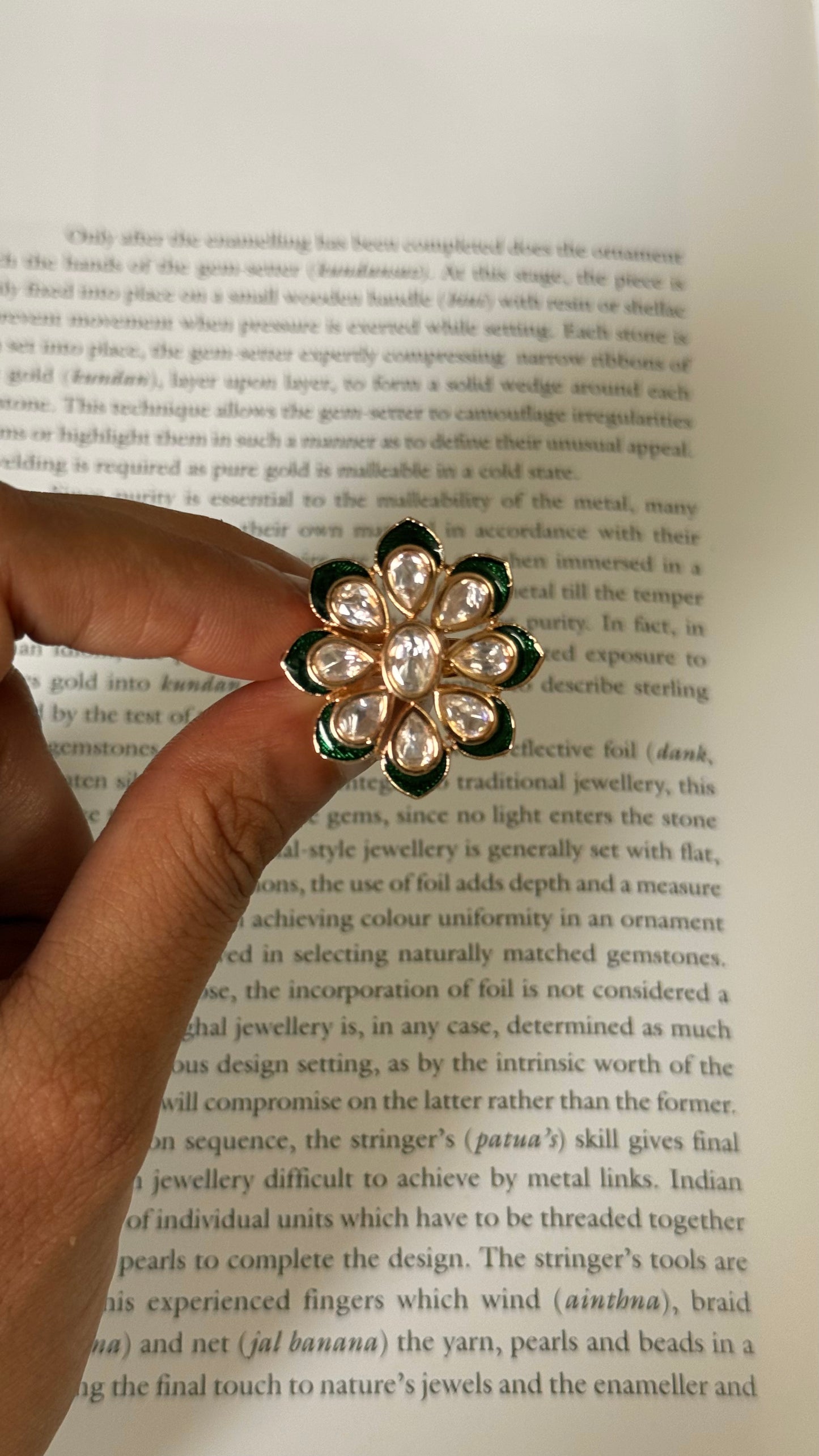 Emerald meenakari moissanite floral adjustable ring