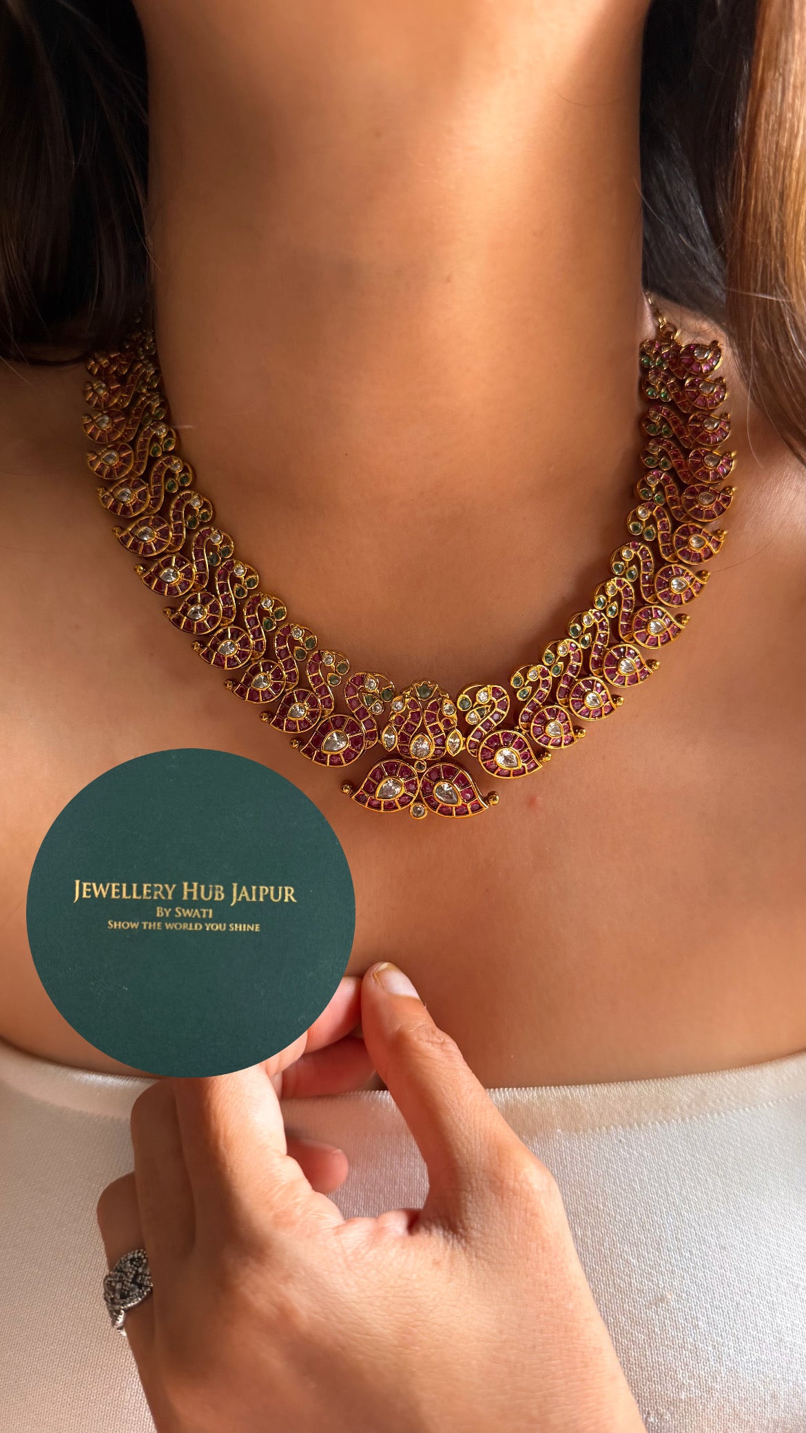 Detachable Goddess laxmi rani pink & emerald with emerald & pearl drop temple collar set