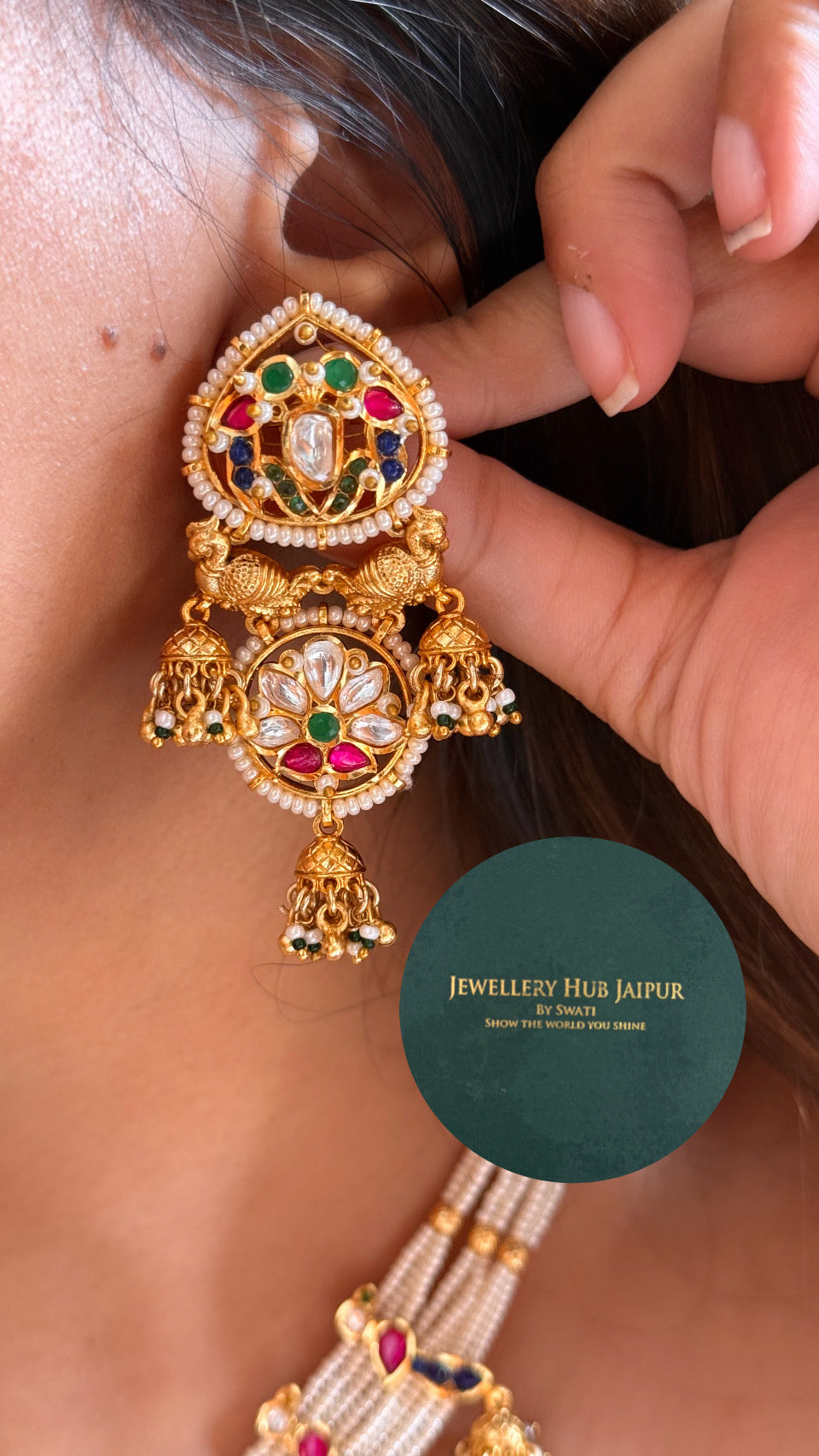 Real Moissanite Rajwada peacock emerald mix polki necklace