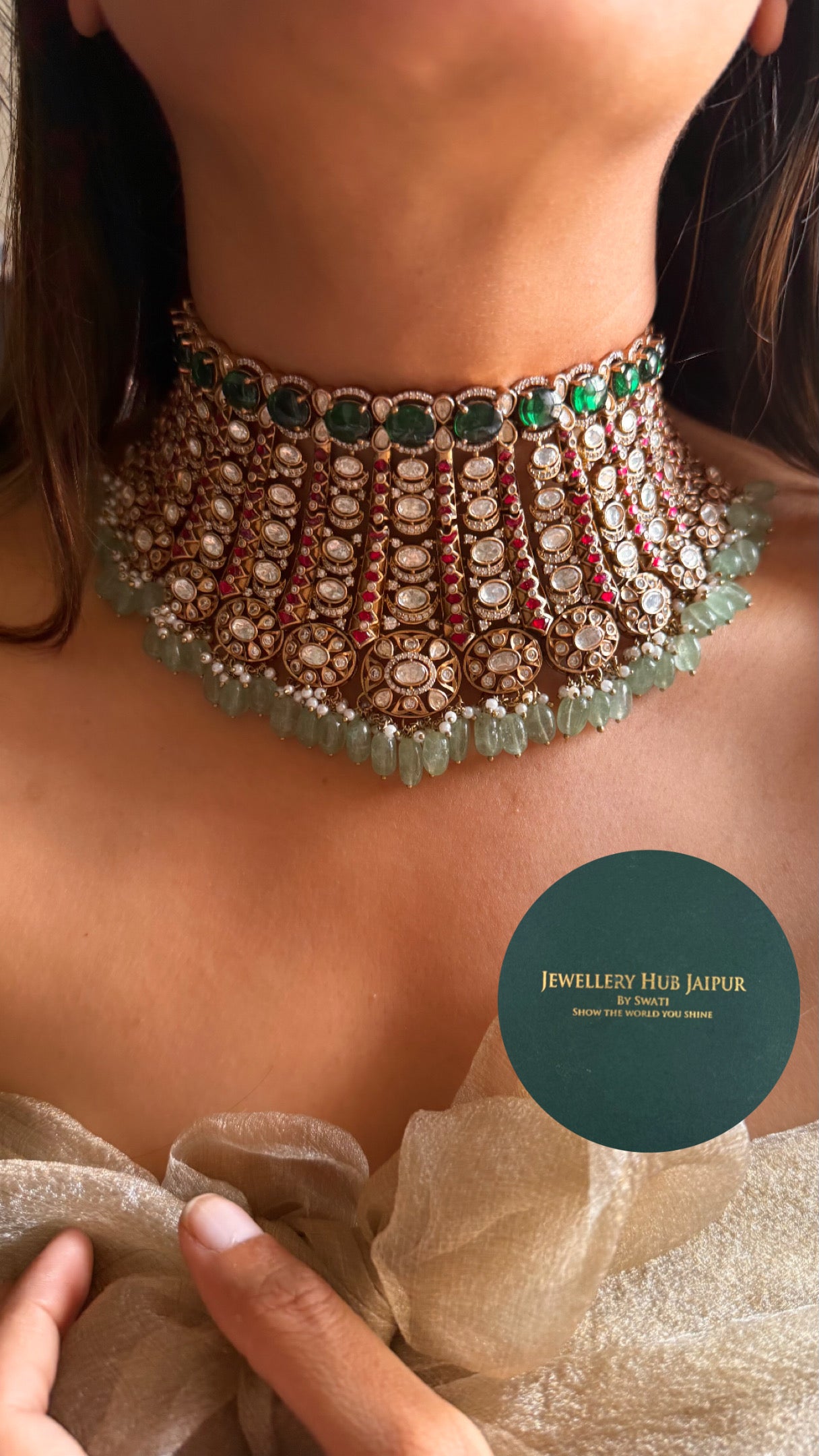 Emerald & Rani pink bridal Asia inspired statement choker (takkar work)