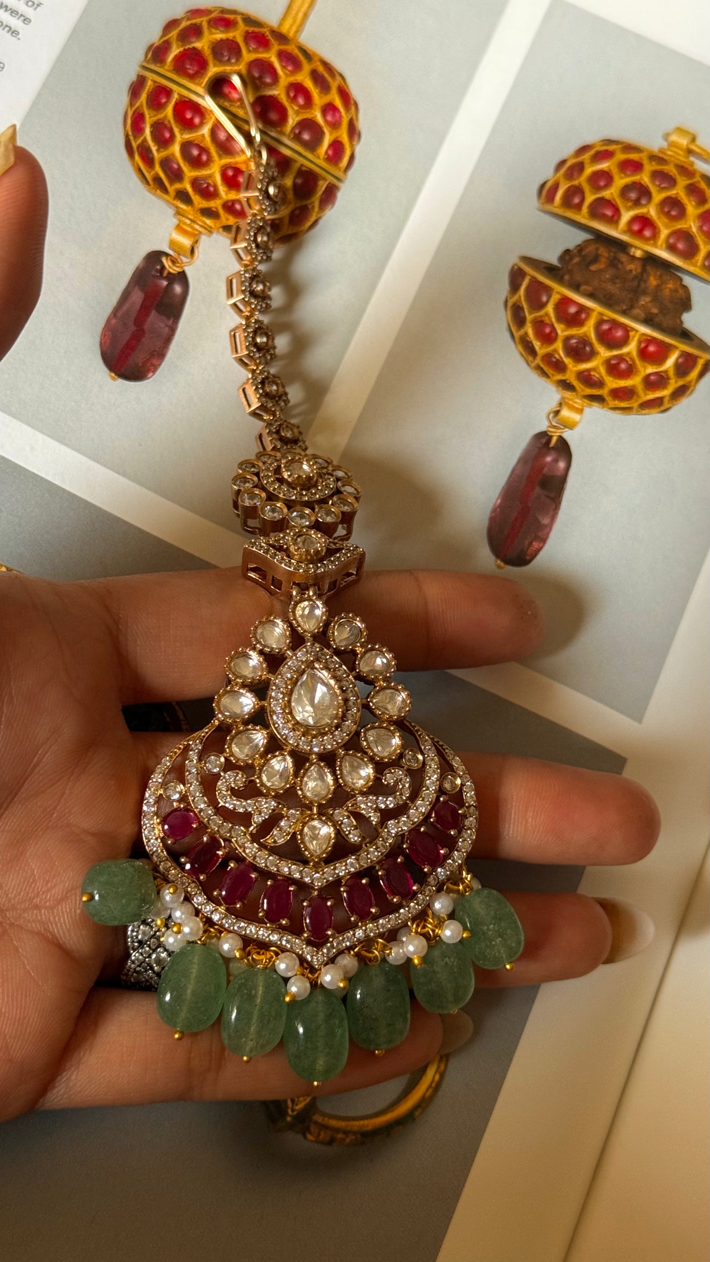 Rani pink moissanite polki with mint drop maangtika
