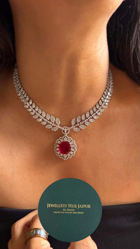Ruby Designer cz leafy crystal necklace