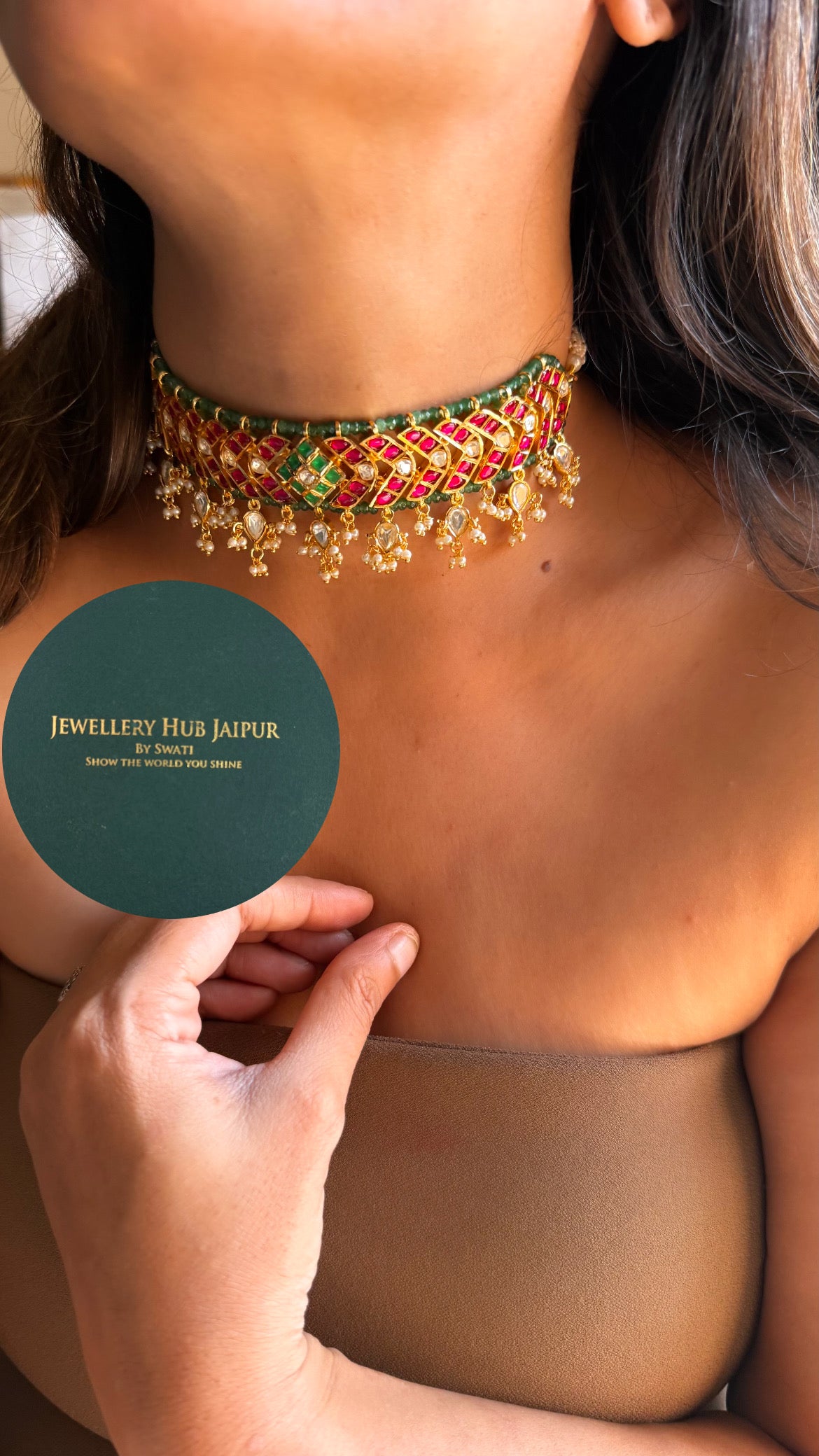 Heritage Rani pink & emerald real moissanite designer choker set