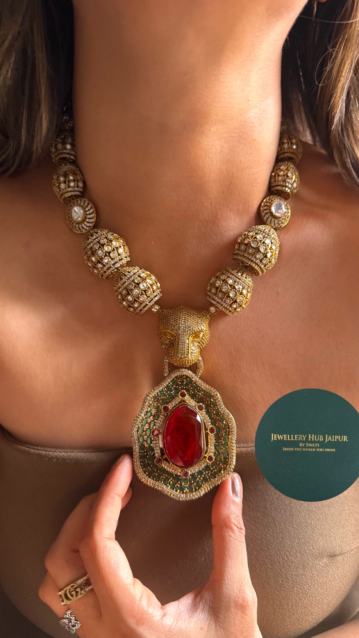 Ruby doublet with emerald cocktail leopard collar necklace