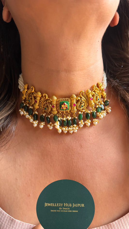 Emerald with peacock inspired antique gold Coker necklace