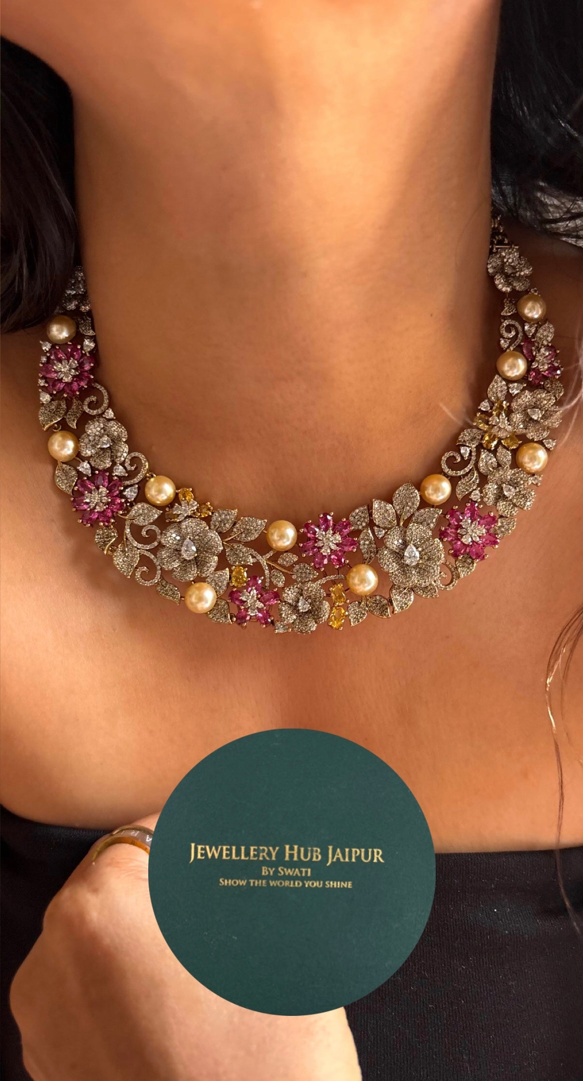Cz floral topaz designer necklace with pearl detailing