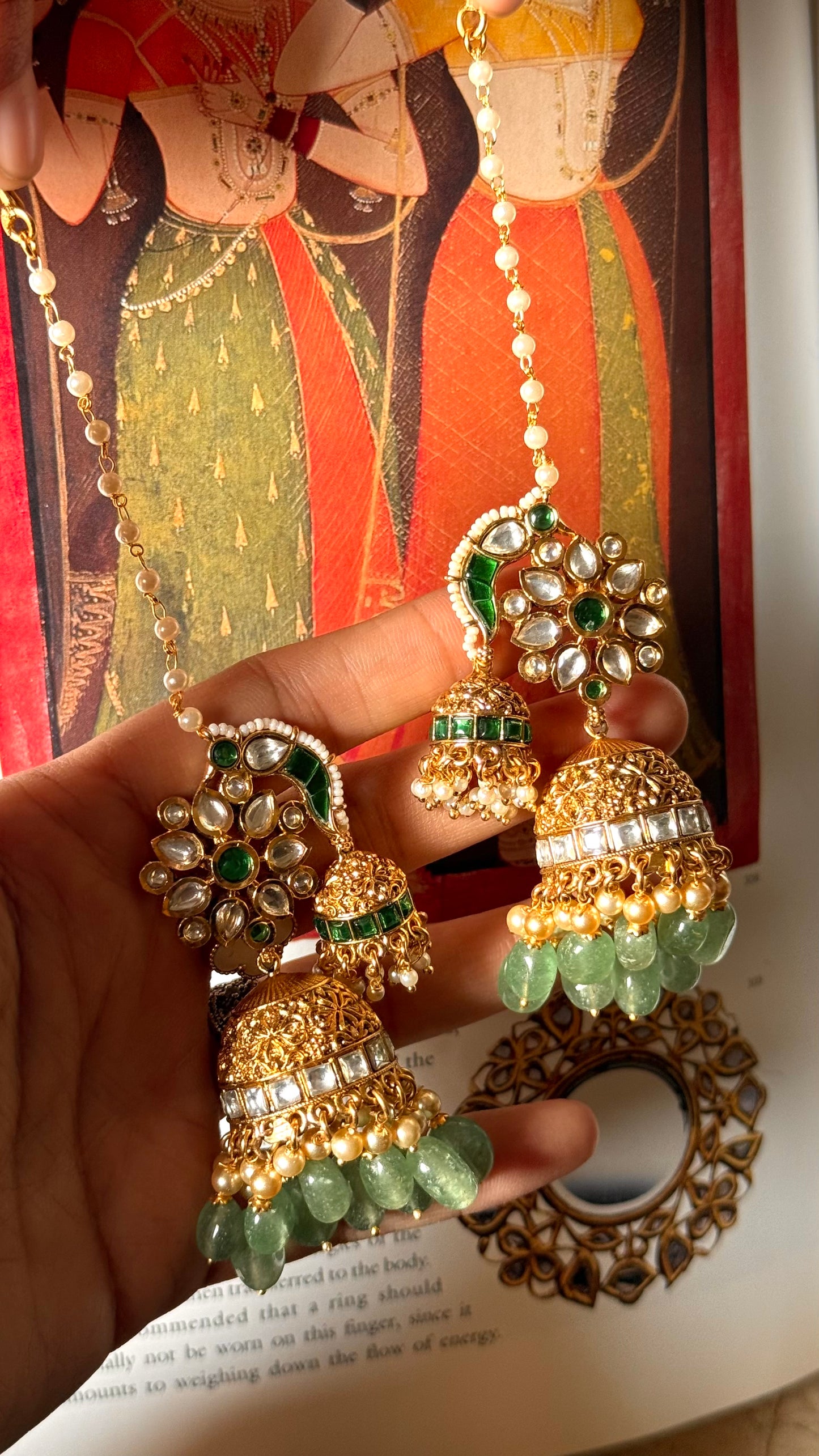Emerald  & mint rajwada jhumki with ear chain